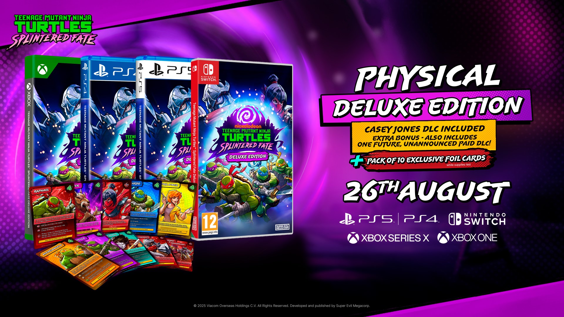 Pudełka z grą Teenage Mutant Ninja Turtles: Splintered Fate. Zawiera wersje PS5, PS4, Nintendo Switch i Xbox. Karty foliowe.