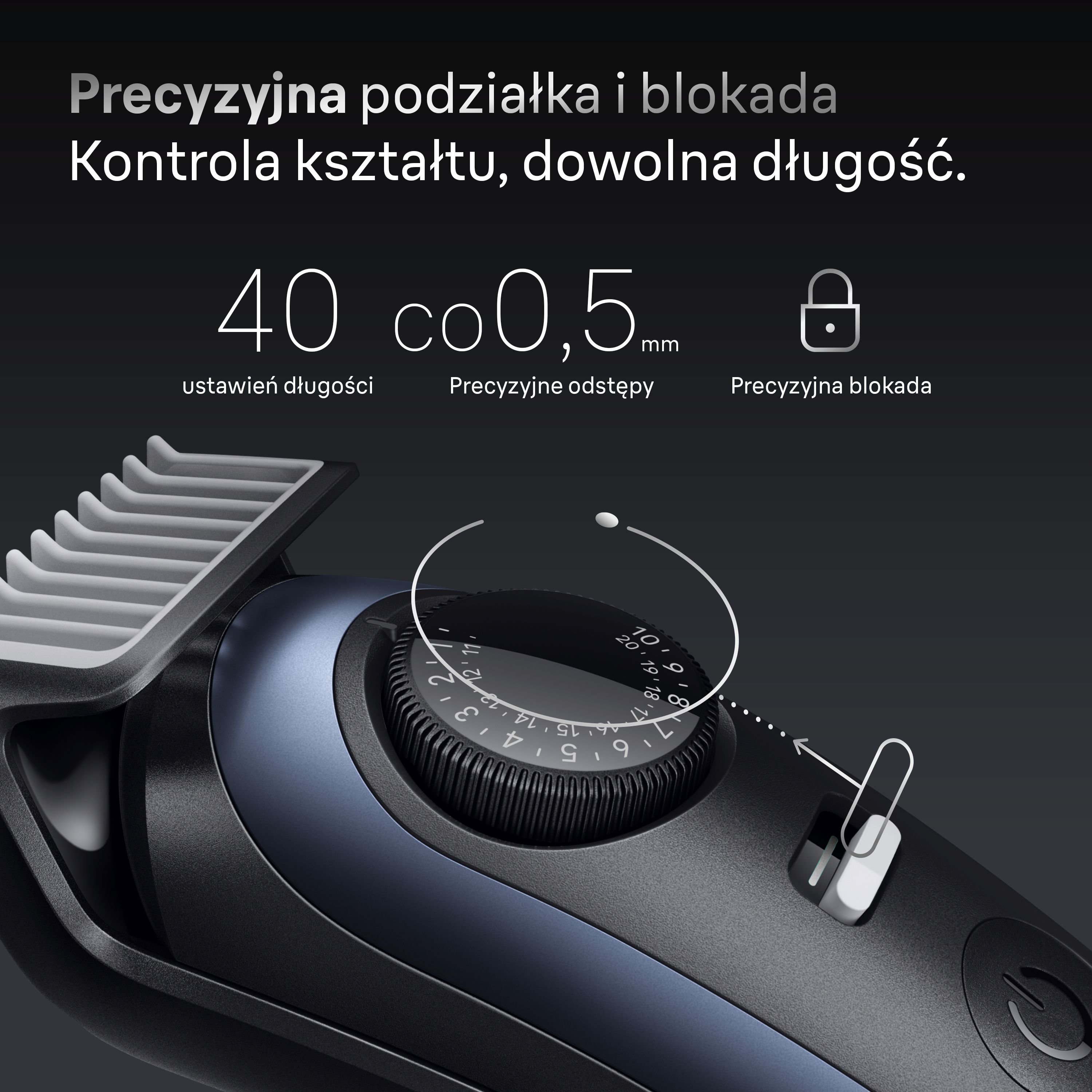 Zbliżenie czarno-niebieskiej trymerki z pokrętłem i cyframi. Ma ustawienia długości i precyzji.