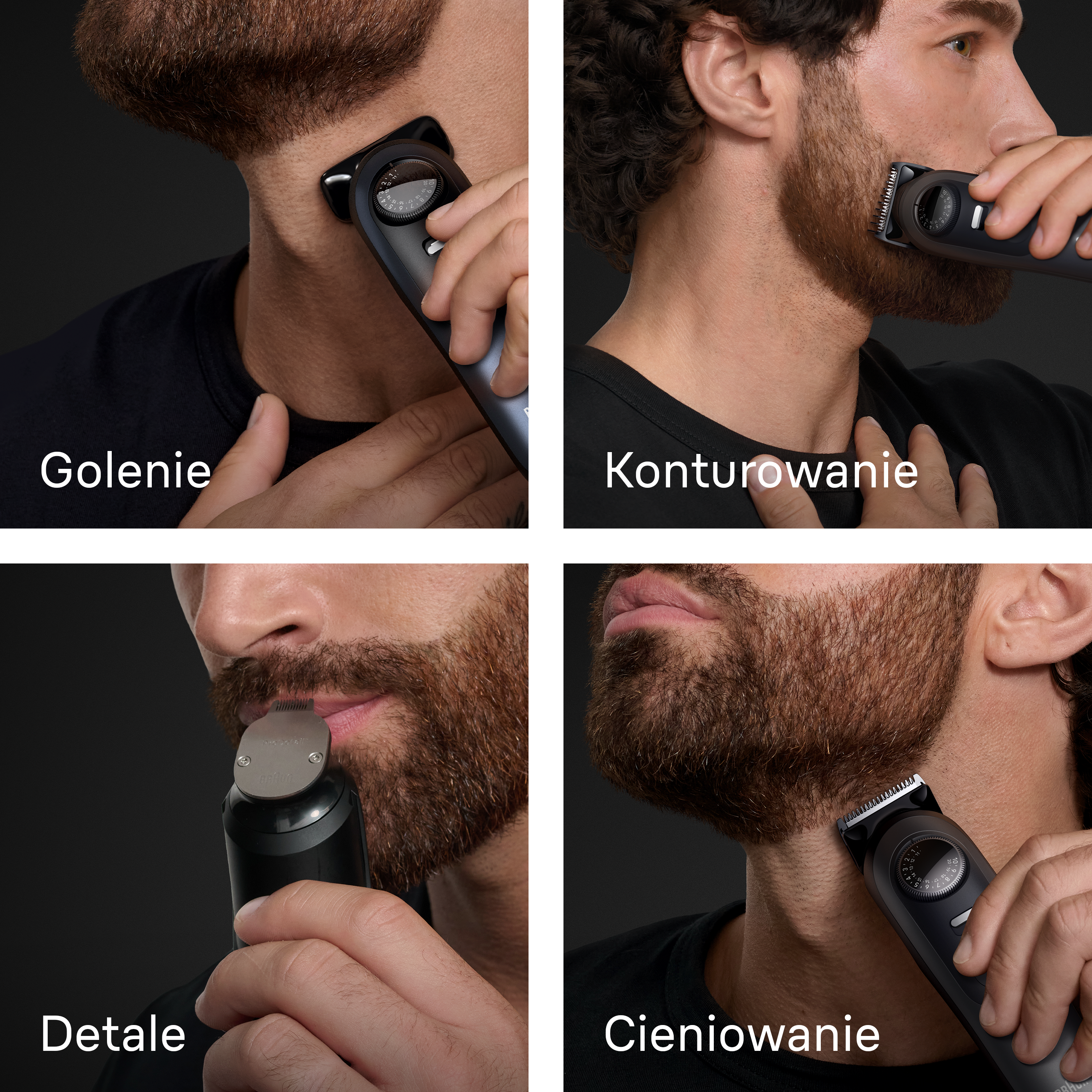 Cztery zdjęcia pokazują mężczyznę używającego trymera na szyi, linii szczęki, szczegółach i zacienionych obszarach brody.