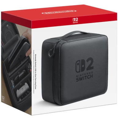 A Nintendo Switch 2 All-in-One Carrying Case box. The box shows a black carrying case with a handle and the Switch logo.