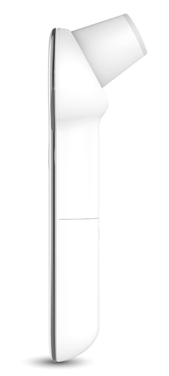 Białe, futurystyczne urządzenie z długim korpusem i pochyloną głowicą. Ma srebrne wykończenie i czysty design. Tło jest białe.