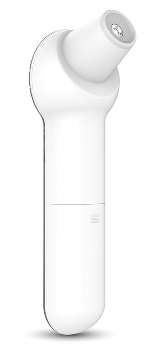 Biały termometr do ucha. Ma długi korpus i pochyloną głowicę z czujnikiem. Kilka linii znajduje się na korpusie.