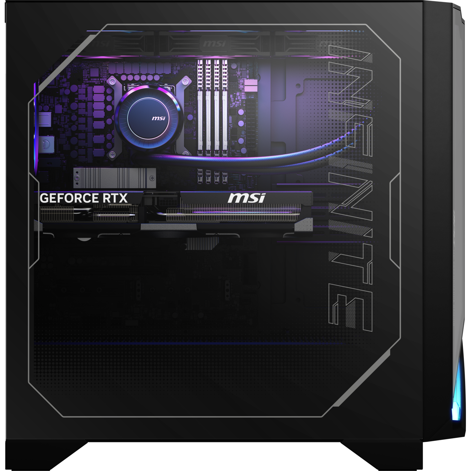 Boîtier d'ordinateur noir avec composants internes visibles. Logo MSI, texte GeForce RTX et design INVENTE sont mis en évidence.