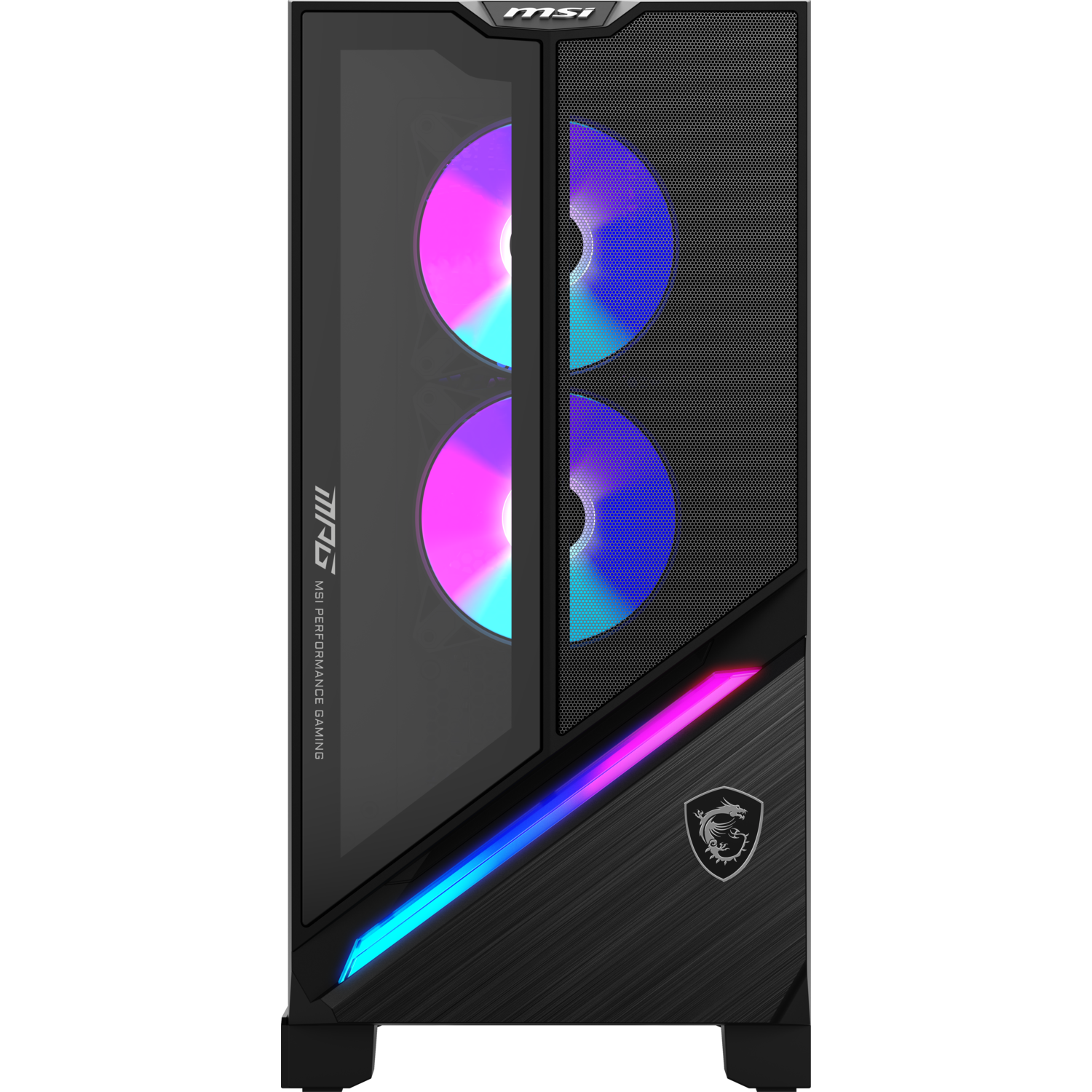 Boîtier d'ordinateur MSI noir avec éclairage et ventilateurs RGB. Comporte le logo MSI, une façade en mesh et un panneau latéral transparent.