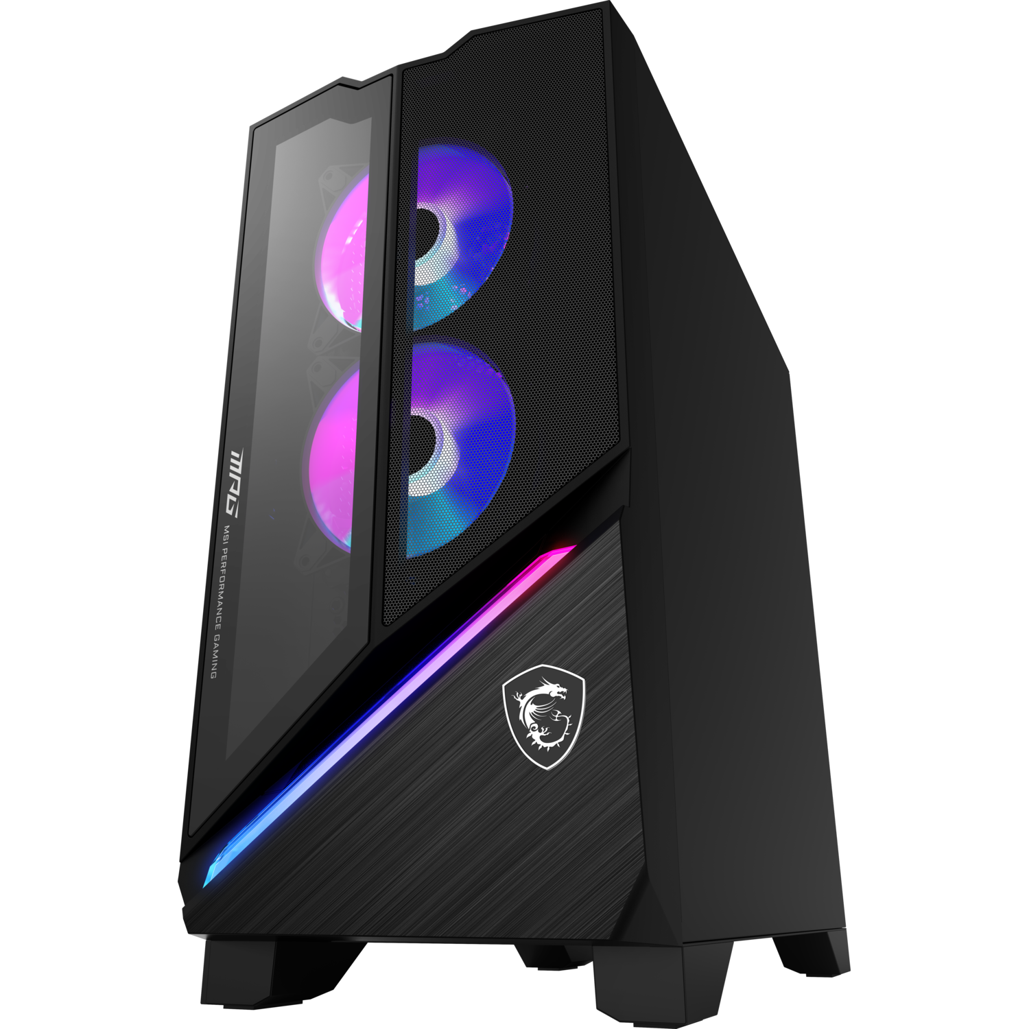 Boîtier d'ordinateur MSI noir avec panneau de verre, lumières RVB et ventilateurs. Le fond est noir.