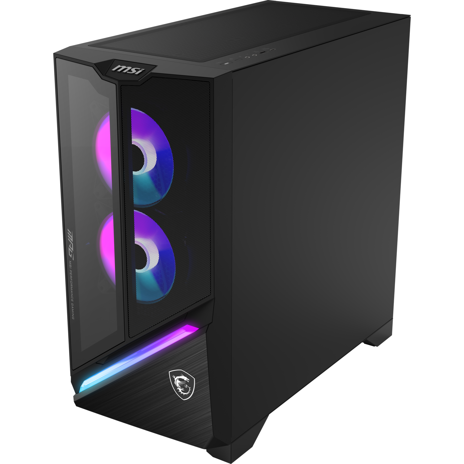 Boîtier d'ordinateur MSI noir avec côté vitré. Deux ventilateurs RVB visibles. Logo MSI en haut et en façade, et bande lumineuse en bas.