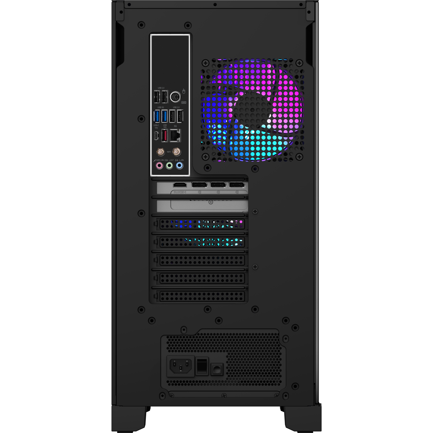 Arrière d'un boîtier d'ordinateur noir avec ports, un ventilateur avec lumières RGB et connecteurs. Inclut divers ports et une alimentation.