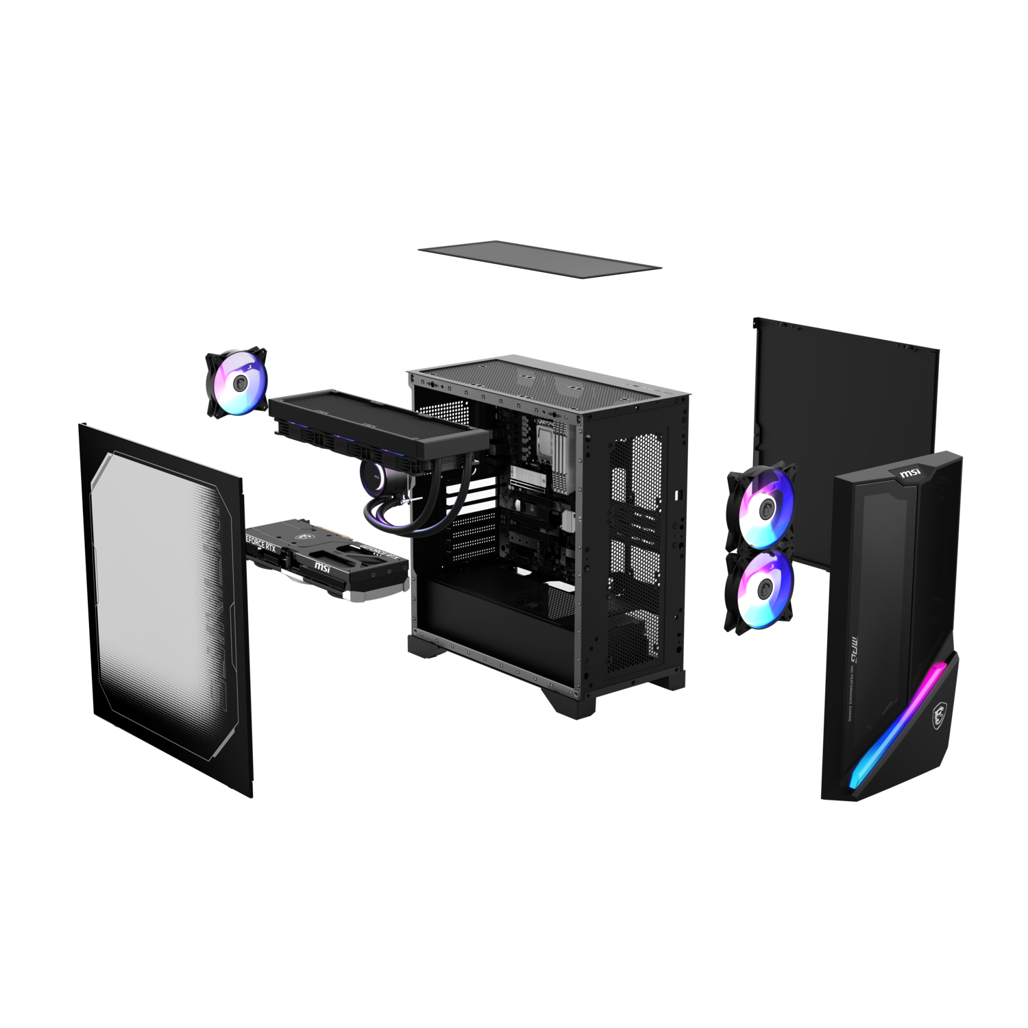Vue éclatée des composants PC. Comprend boîtier, carte graphique, ventilateurs et système de refroidissement avec logos MSI, fond noir.