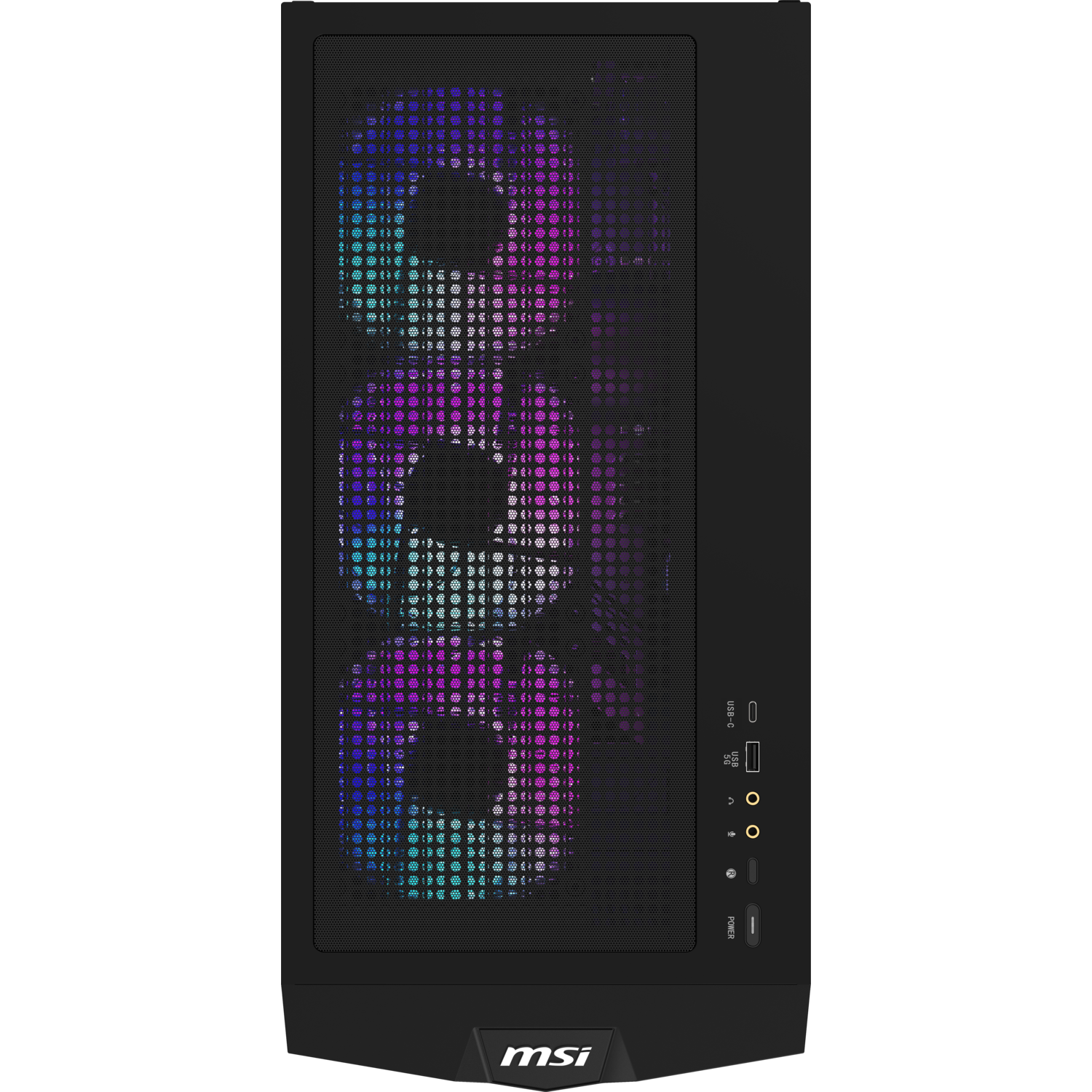 Boîtier d'ordinateur MSI noir avec ventilateurs RVB visibles à travers la grille avant. Ports USB et bouton d'alimentation sur le côté.