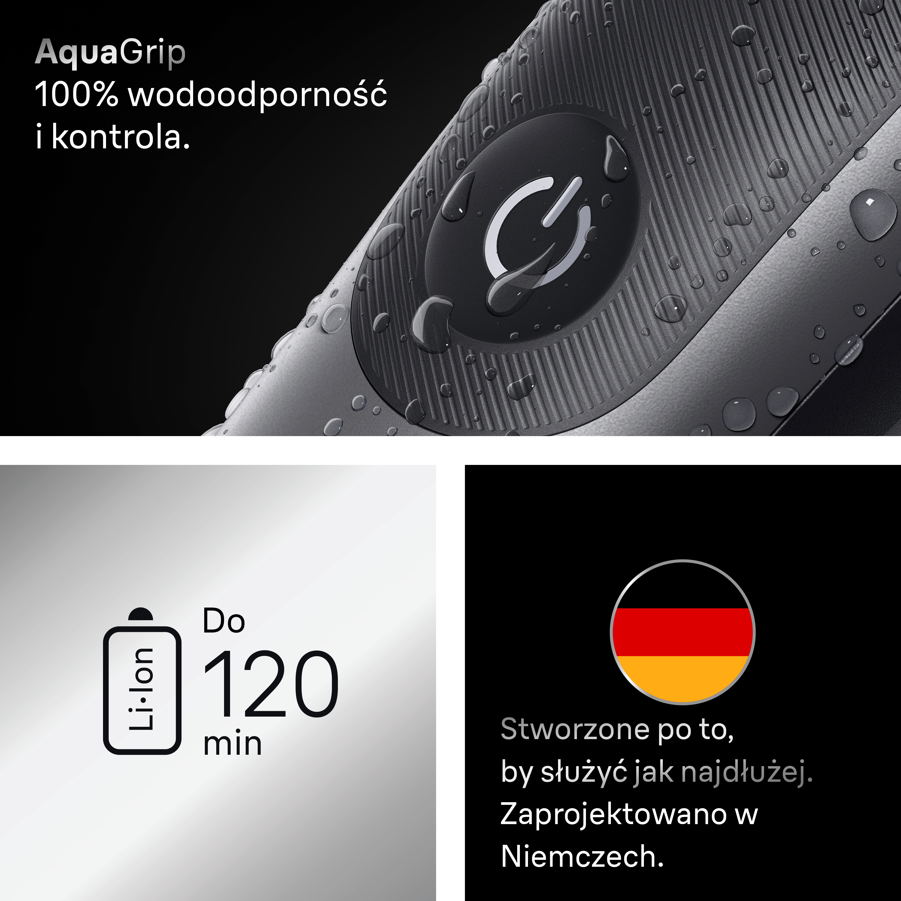 Czarna i szara golarka z kroplami wody. Tekst: AquaGrip, 100% wodoodporny. Czas pracy baterii: 120 minut. Wyprodukowano w Niemczech.