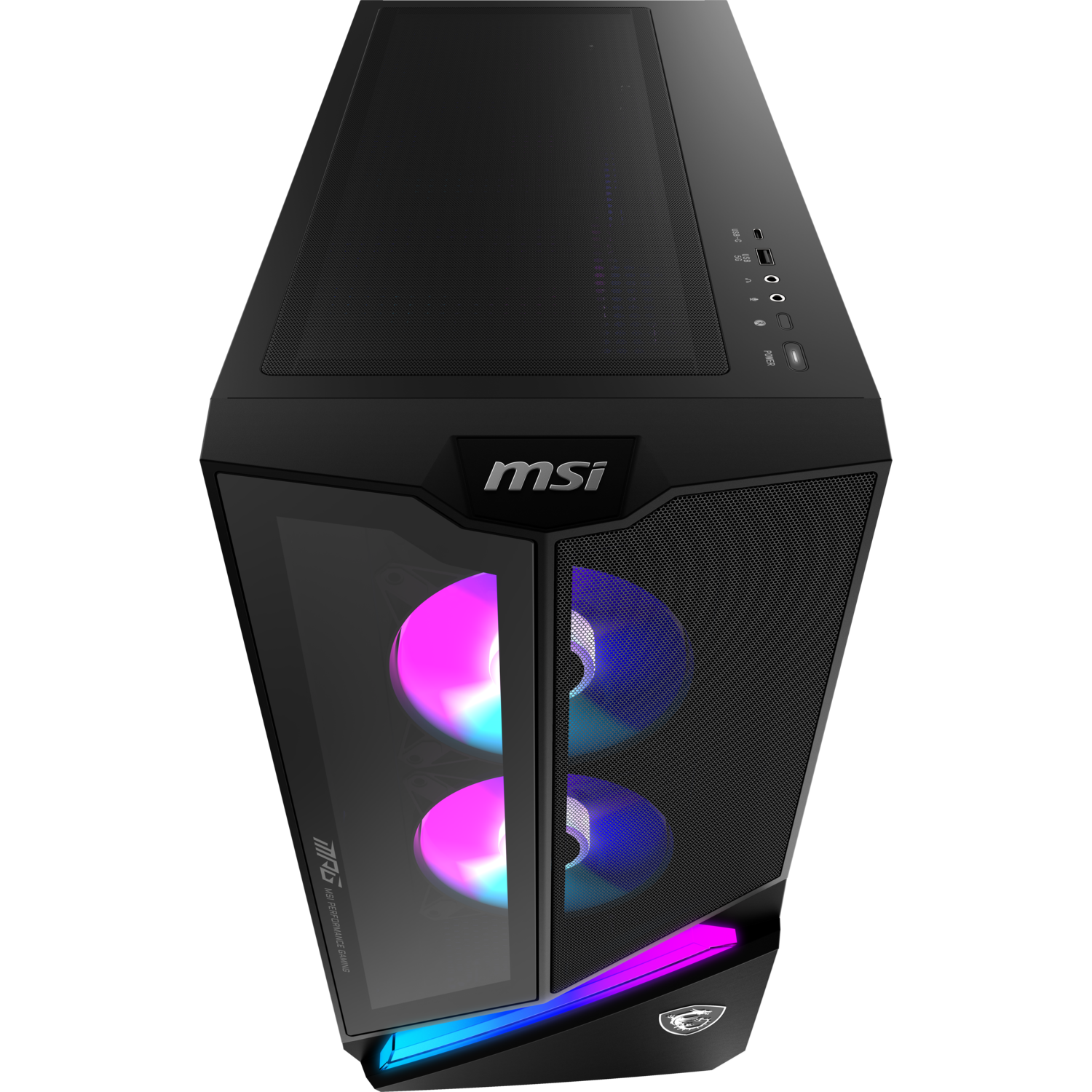Boîtier d'ordinateur MSI noir avec ventilateurs RGB, panneau en verre et façade en mesh. Logo MSI et ports divers.