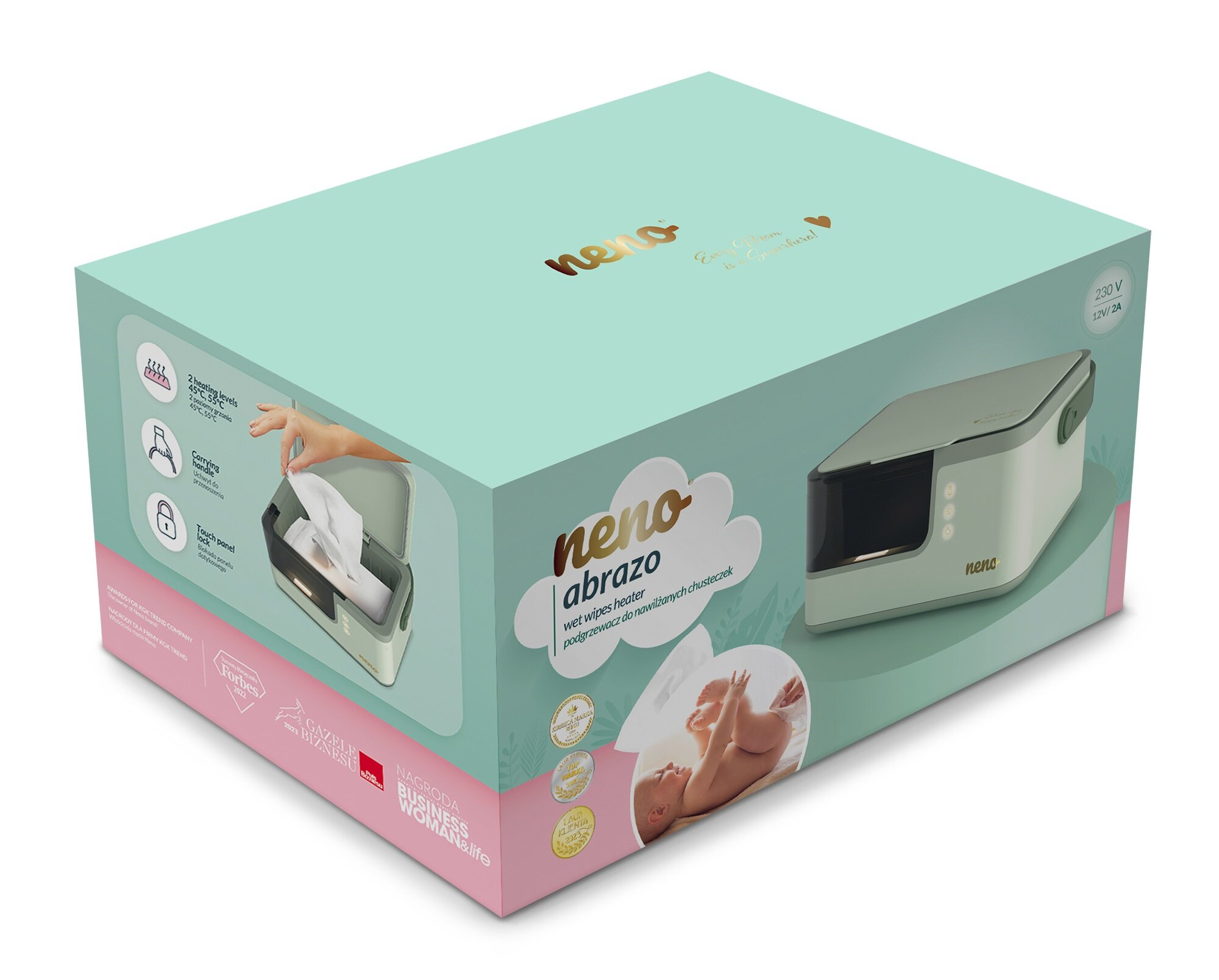 Pudełko z podgrzewaczem do chusteczek dla niemowląt. Zawiera dziecko i szczegóły produktu. Kolory to zielony, biały i złoty.