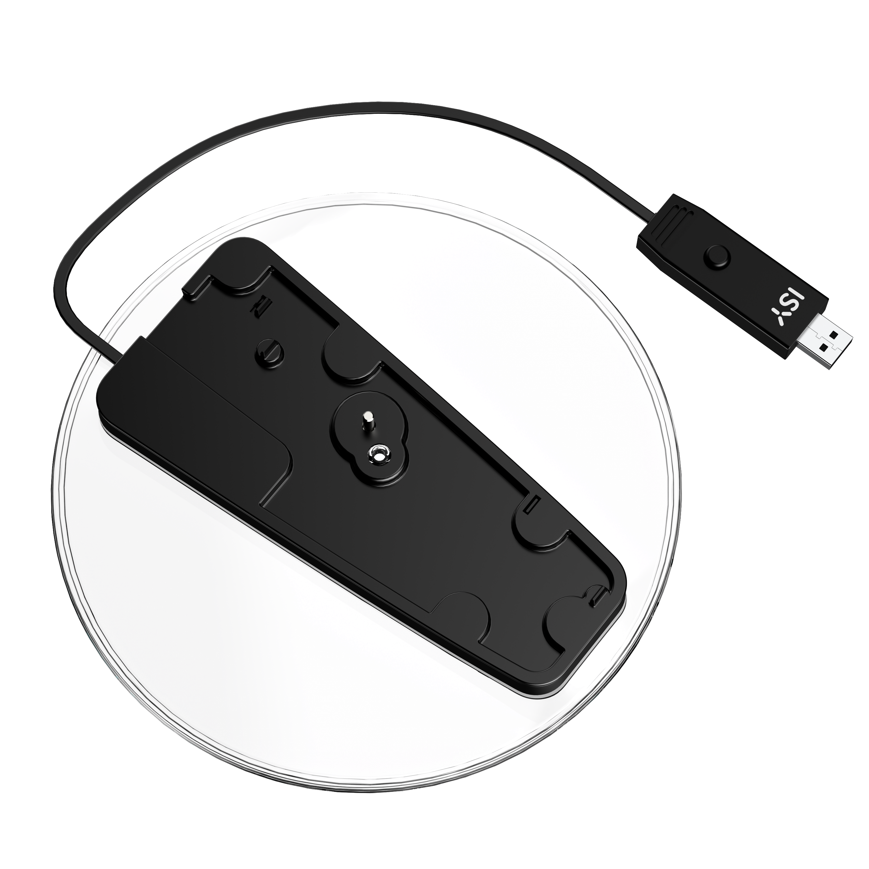 Schwarzes ISY USB-Gerät mit Kabel auf runder, weißer Unterlage.