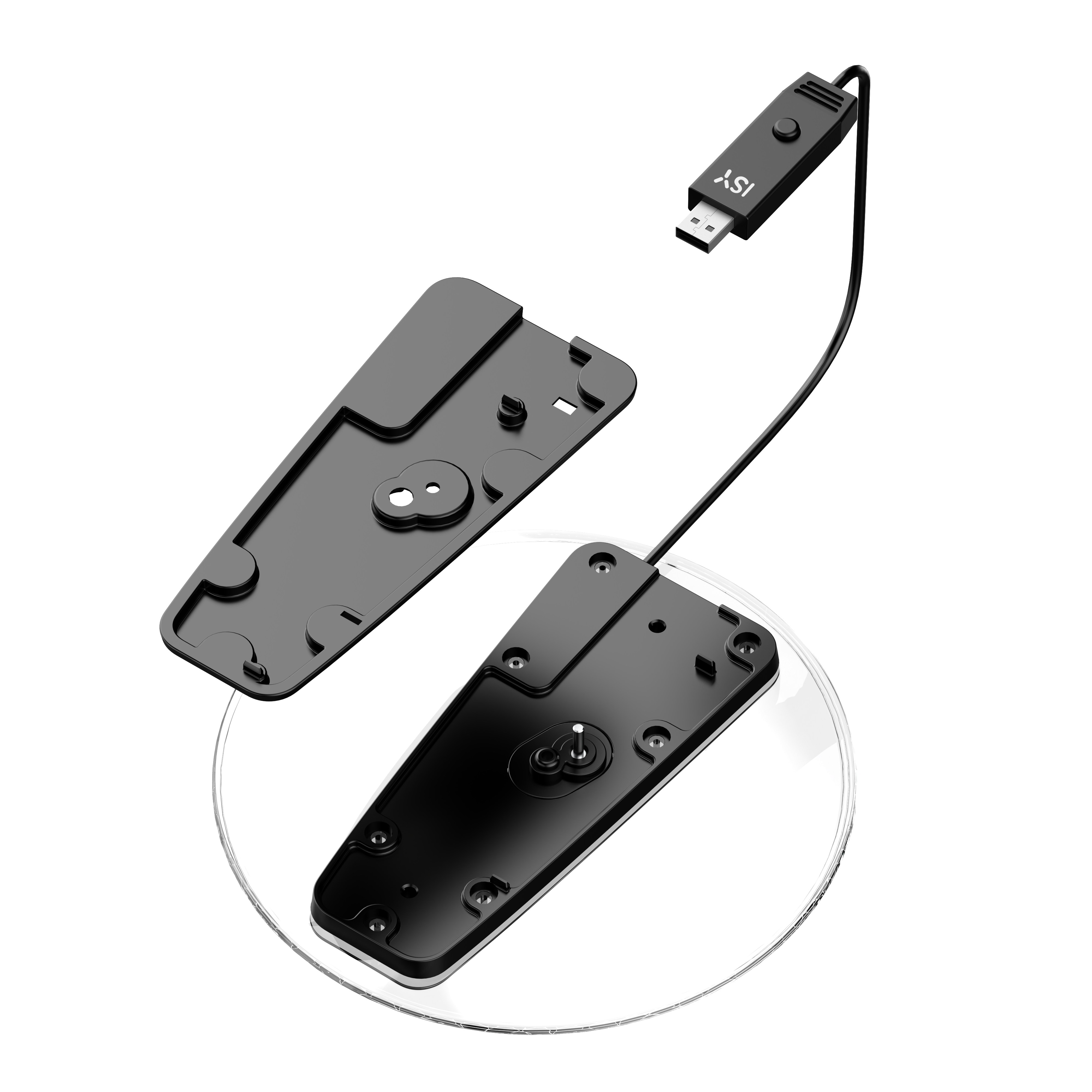 Schwarze Kunststoffteile eines Geräts, verbunden mit einem USB-Kabel auf schwarzem Hintergrund.