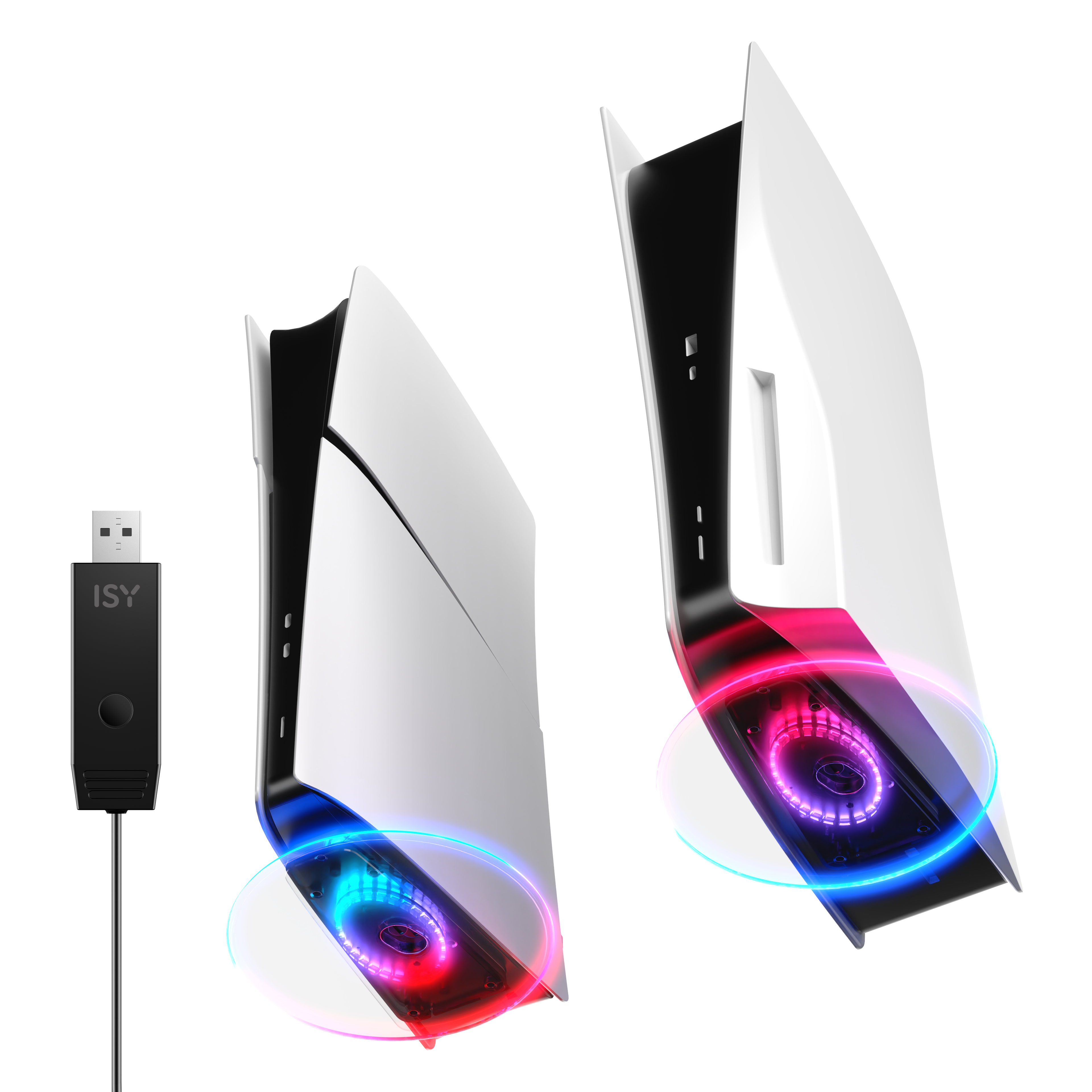 Zwei weiße Konsolenständer mit RGB-Beleuchtung und einem schwarzen ISY-Kabel.