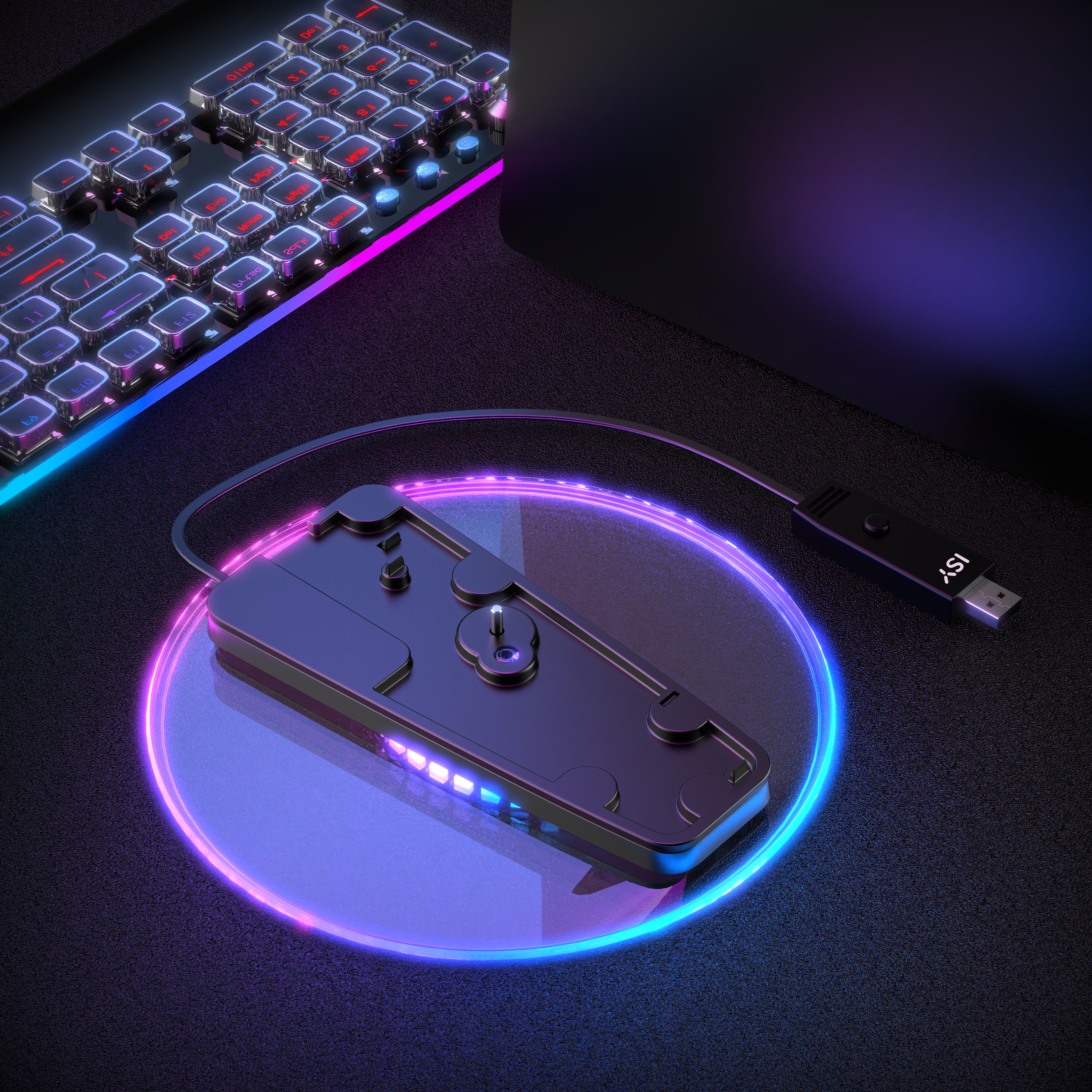 Ein schwarzes Gaming-Zubehör auf einem leuchtenden Kreis neben einer Tastatur.