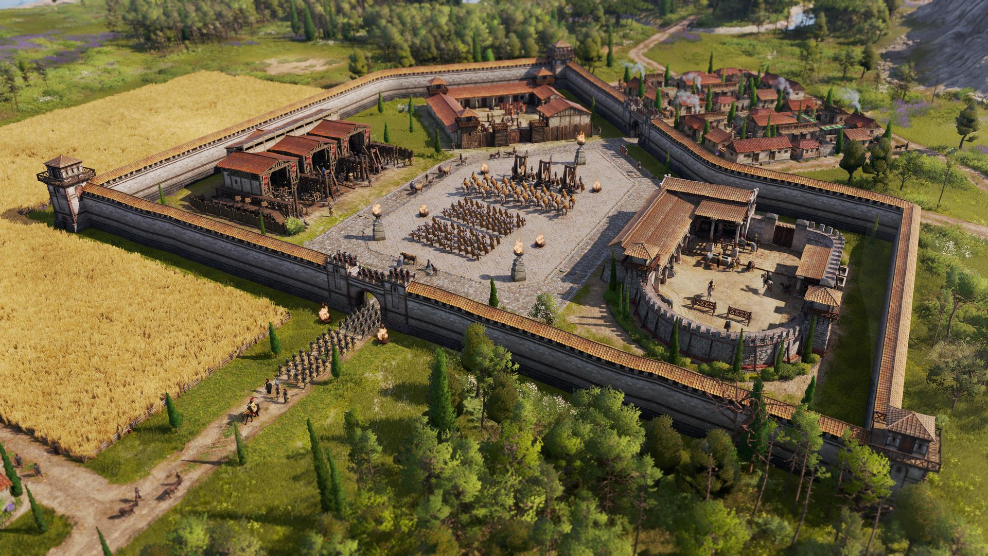 Draufsicht auf eine ummauerte Stadt mit Soldaten, Gebäuden, Feldern und Wäldern. Ein strategisches und organisiertes Layout ist sichtbar.