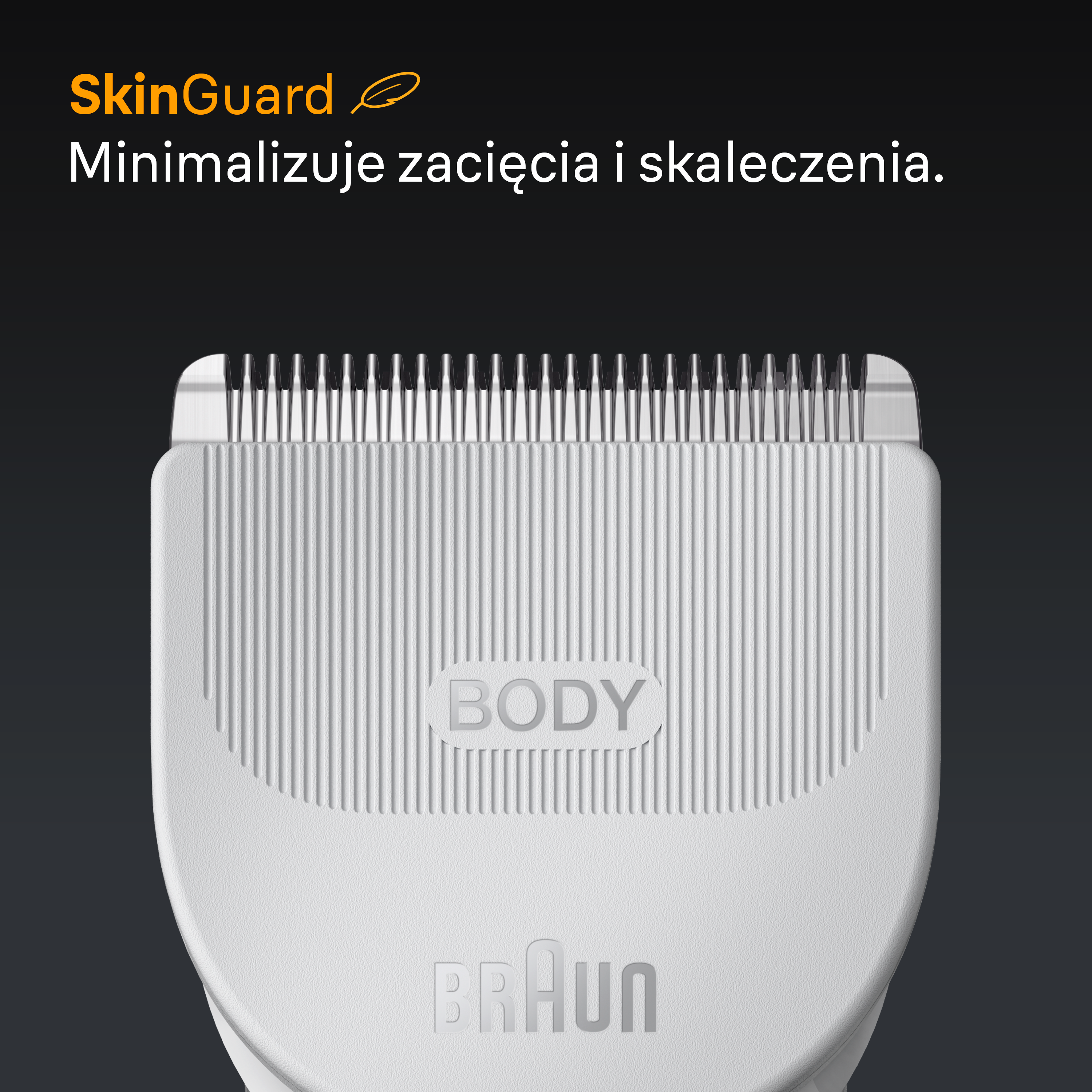 Zbliżenie białej głowicy trymera Braun z ostrzami. Widoczne słowo BODY. Tło ciemnoszare.