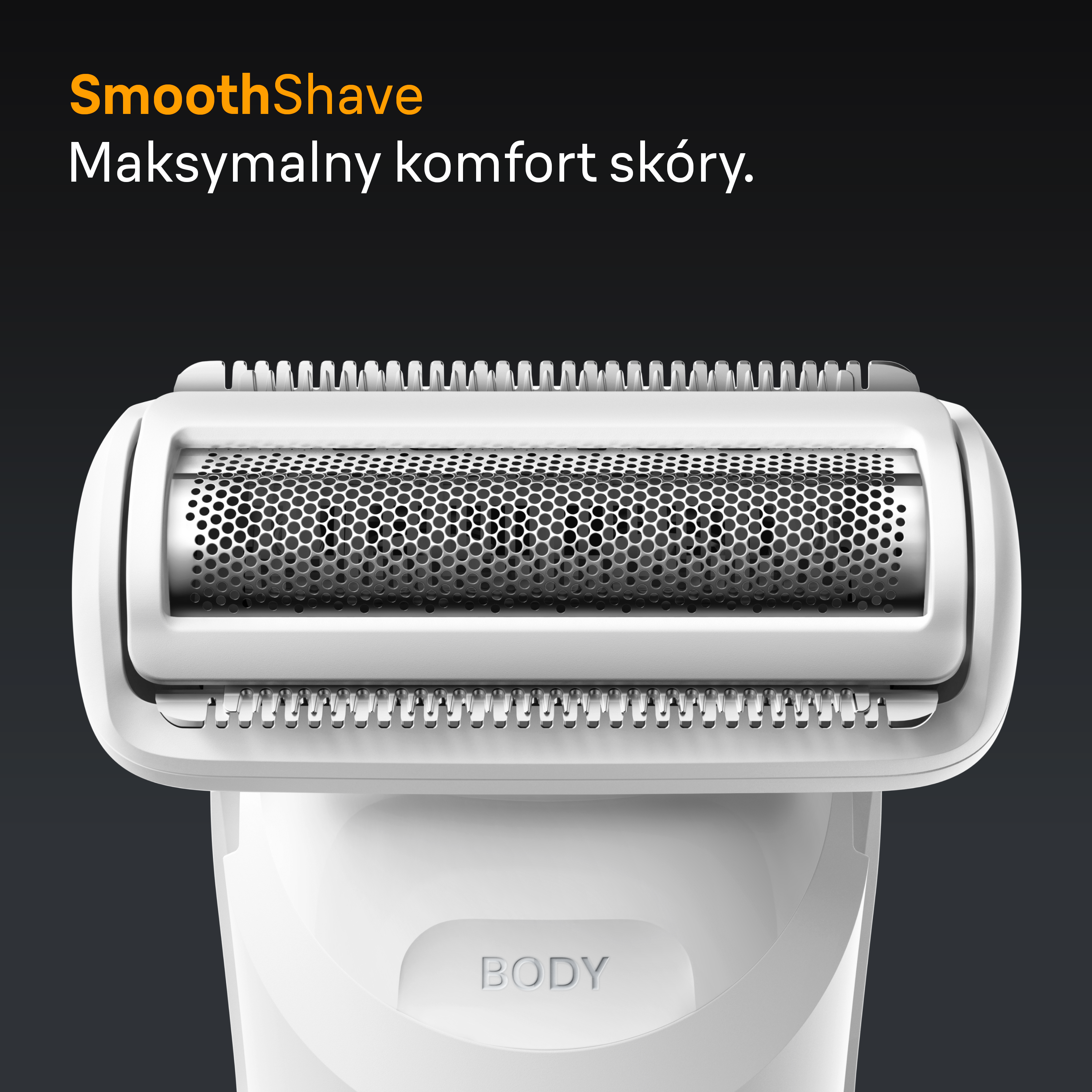 Biała golarka elektryczna, ujęcie szczegółowe. Czarne tło. Tekst: SmoothShave, Maksymalny komfort skóry (Maksymalny komfort skóry).