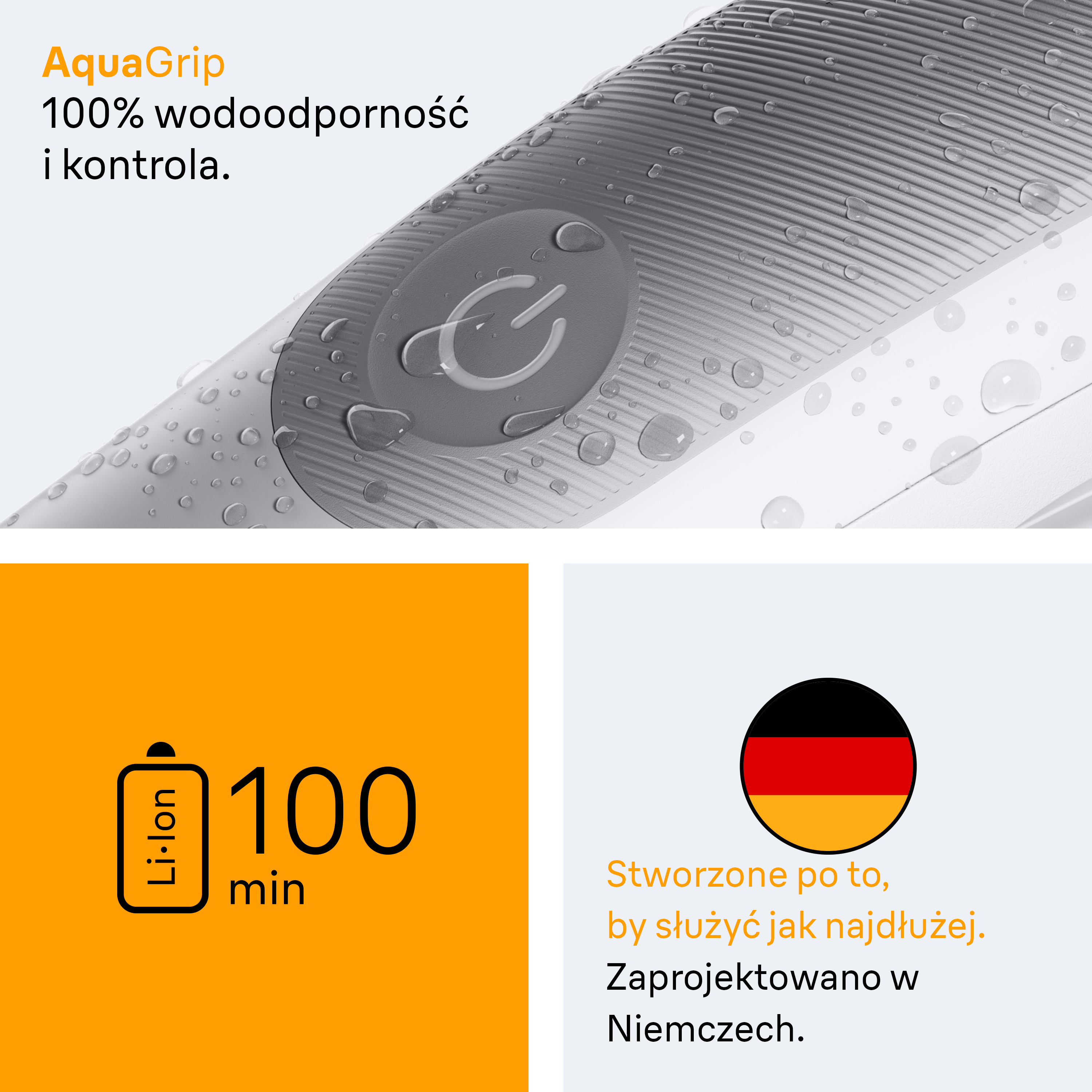 Obrazek przedstawia szczoteczkę do zębów z kroplami wody, ikonę baterii i flagę Niemiec z tekstem.