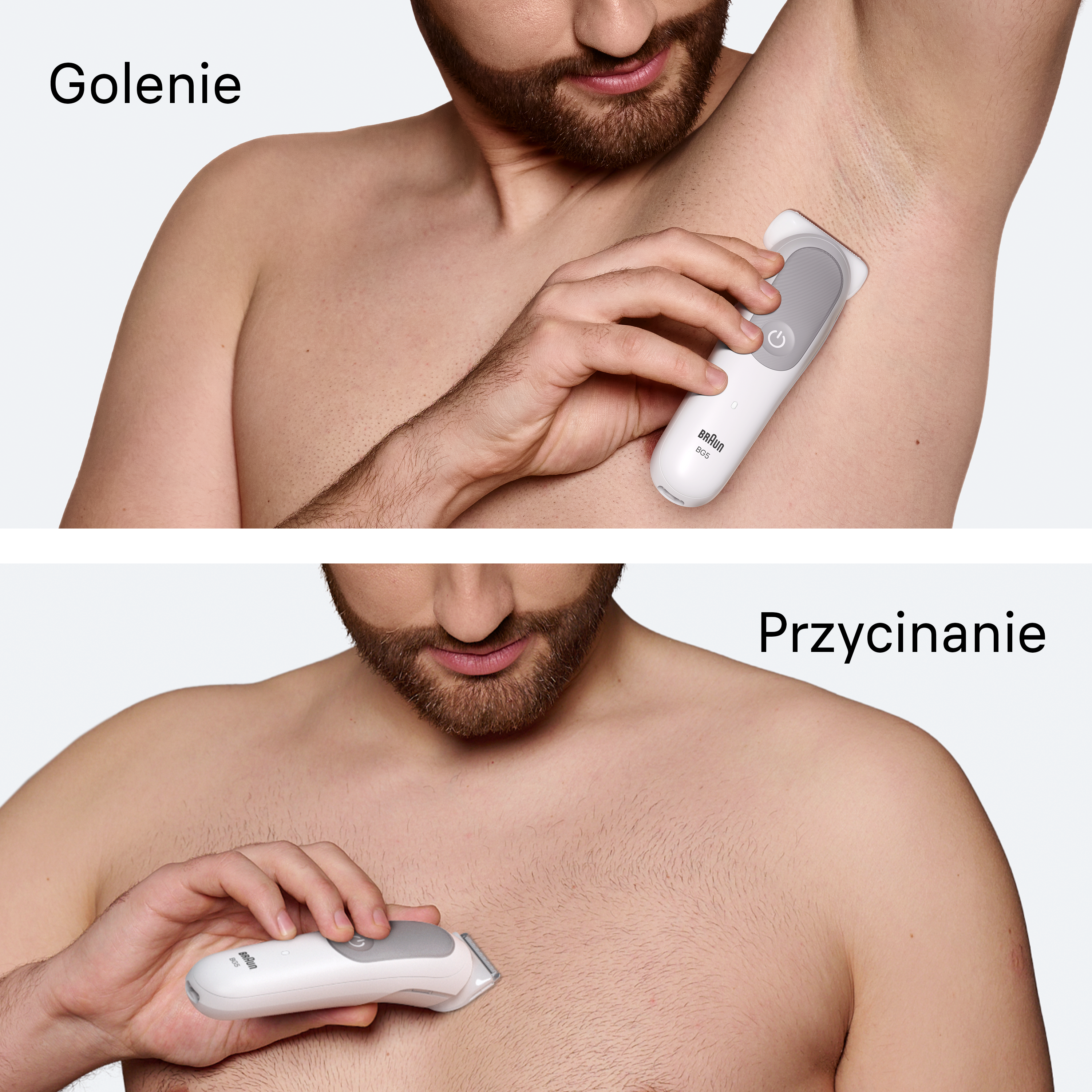 Mężczyzna goli pachy i klatkę piersiową białą trymerem. Górny obraz: pacha. Dolny obraz: klatka piersiowa. Oba pokazują zbliżenie.