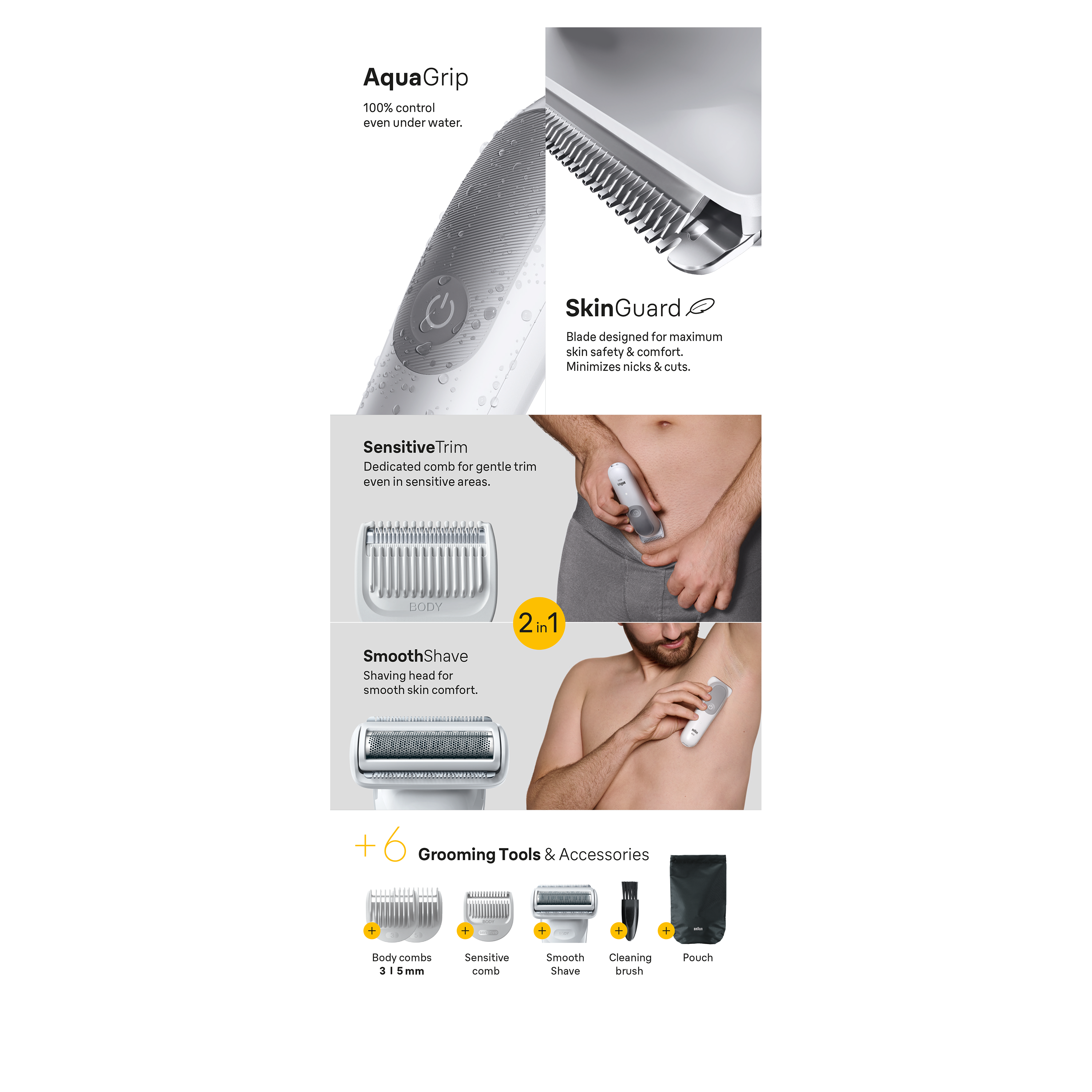 Produkt do golenia z AquaGrip, SkinGuard i SmoothShave. Akcesoria: grzebienie, szczotka i etui.