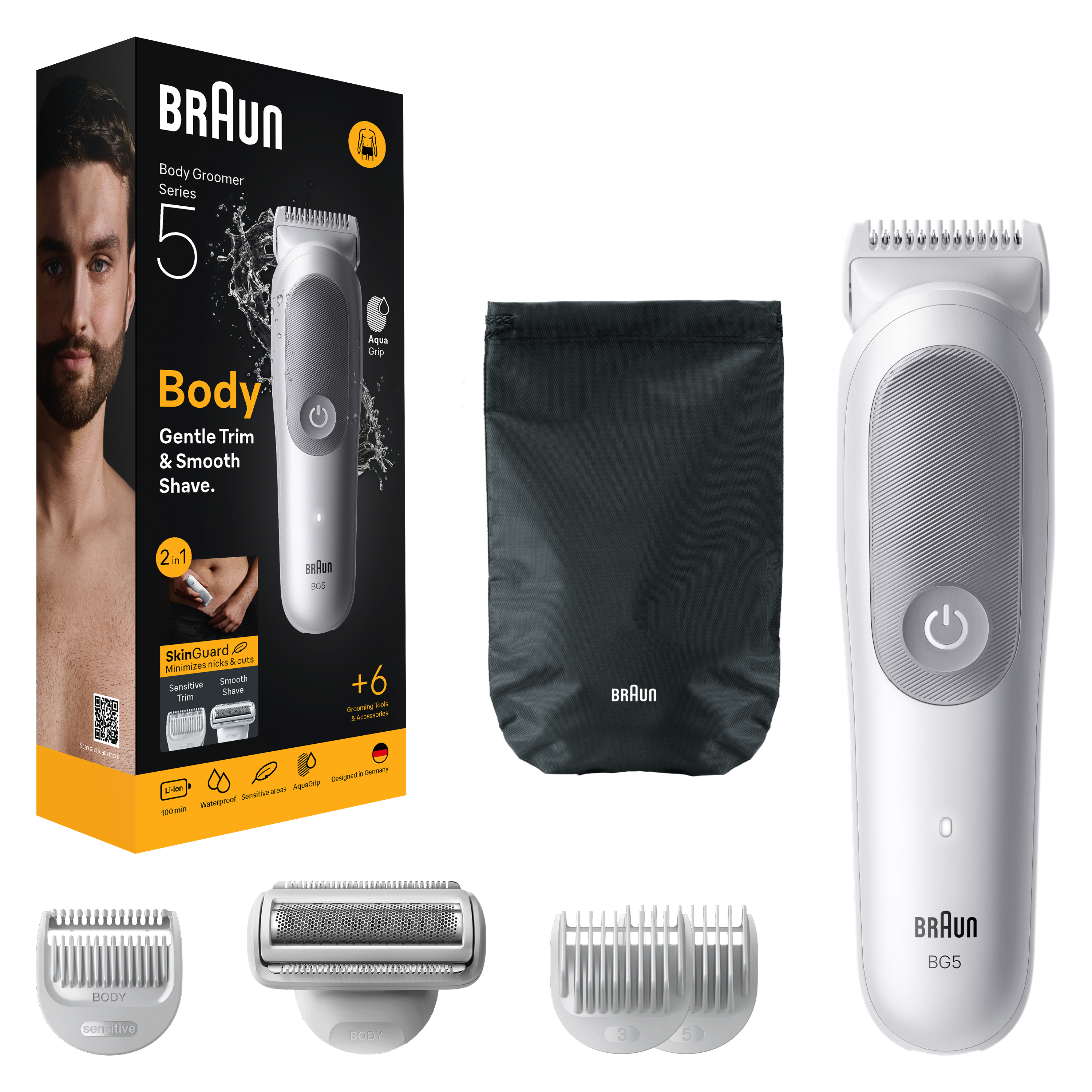 Zestaw Braun Body Groomer Series 5, w tym golarka, akcesoria i czarna torba, wszystko na białym tle.