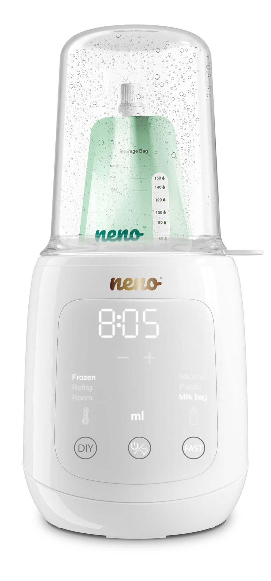 Biała podgrzewacz do butelek dla niemowląt z zieloną torebką do przechowywania mleka w środku. Wyświetlacz pokazuje 8:05. Marka to neno.