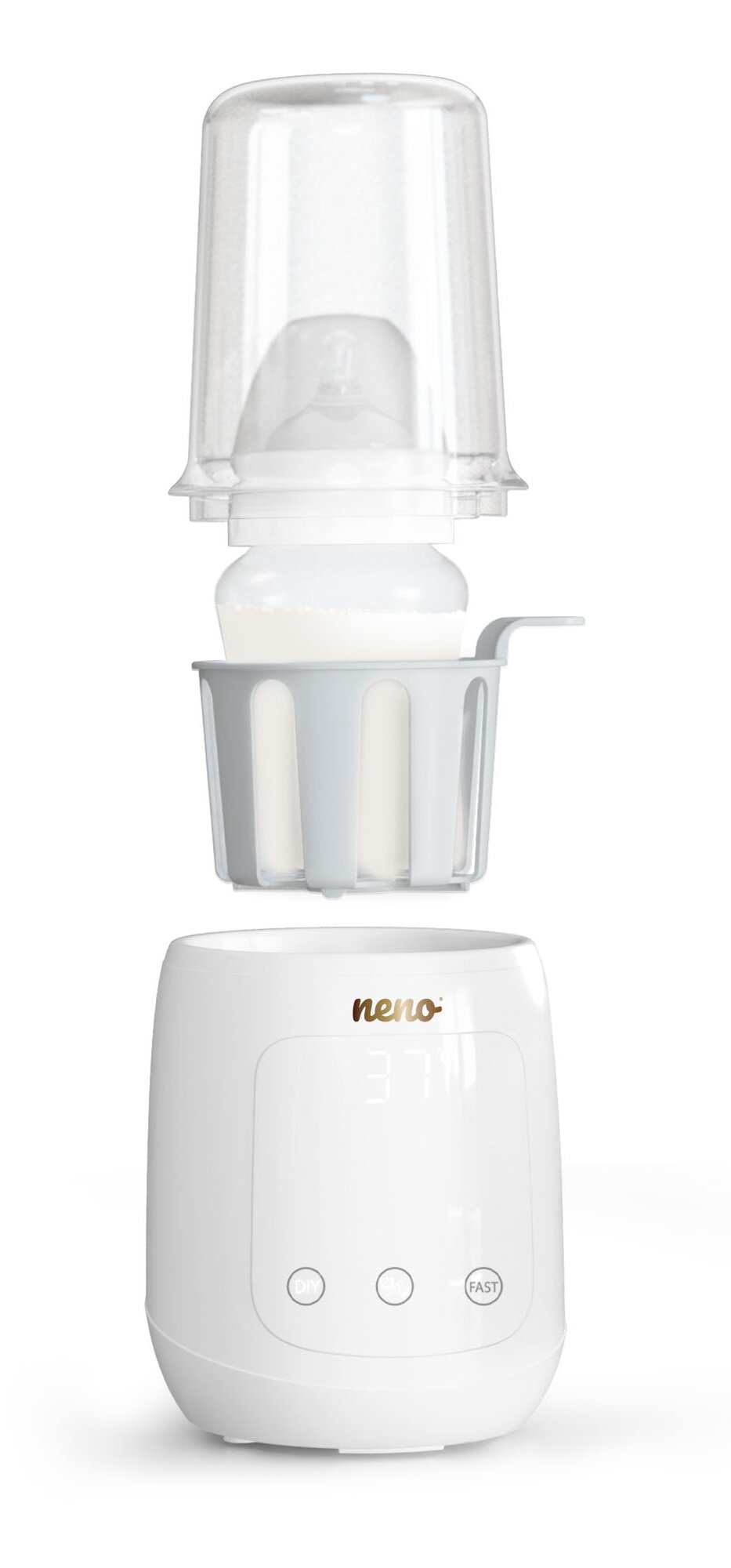 Zdemontowana podgrzewacz do butelek dla niemowląt. Komponenty: butelka, kosz, podstawa z przyciskami i przezroczysta osłona.