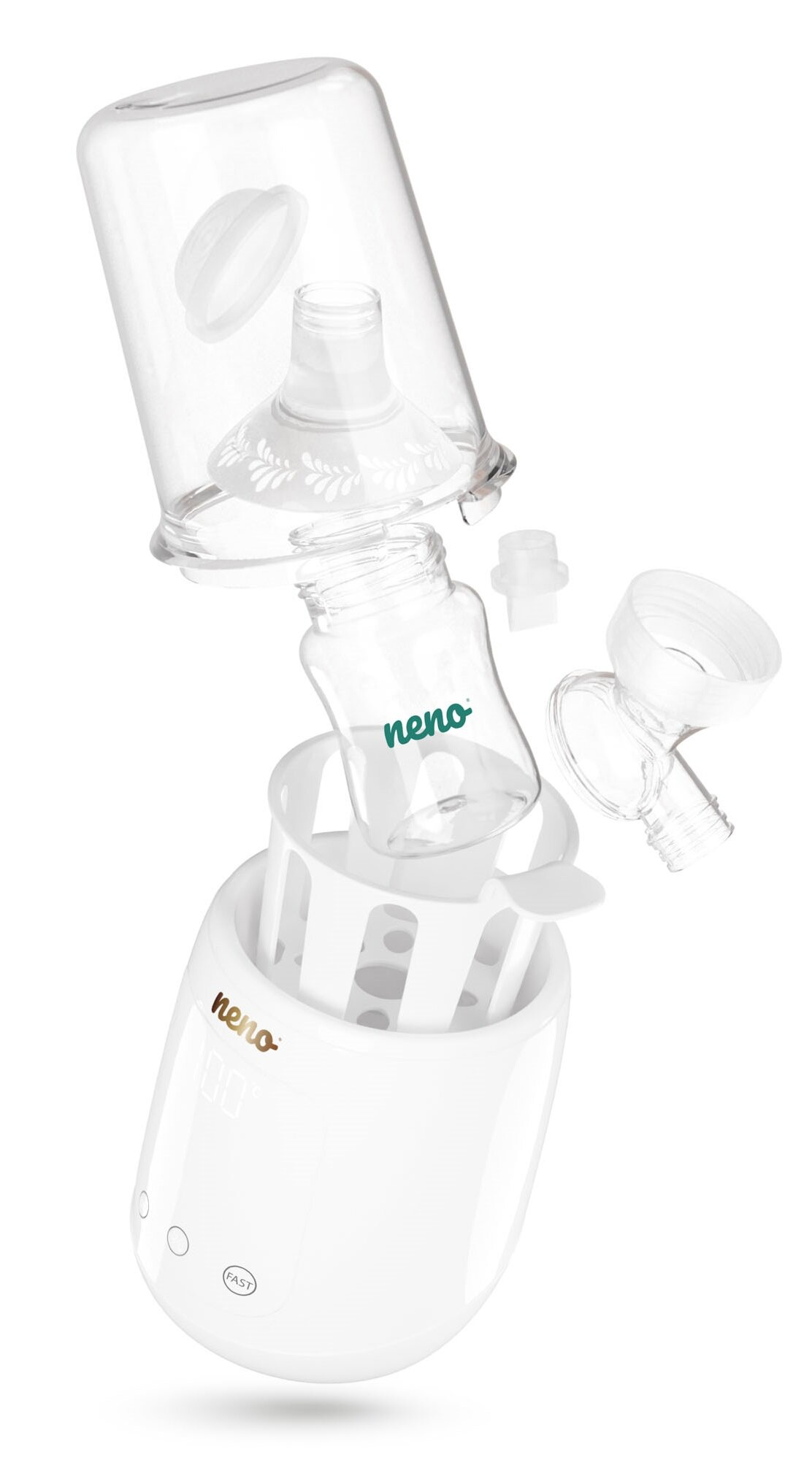 Zdemontowany biały podgrzewacz do butelek dla niemowląt, z elementami takimi jak butelka, pokrywa i podstawa, w studiu.