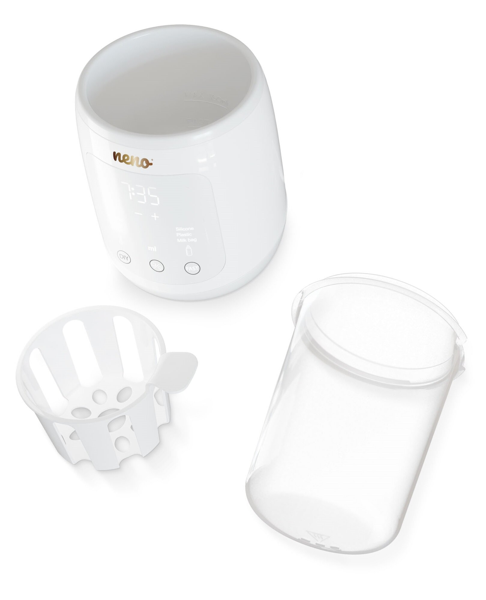 Biała podgrzewacz do butelek dla niemowląt z akcesoriami. Zawiera butelkę, koszyk i przezroczysty pojemnik.