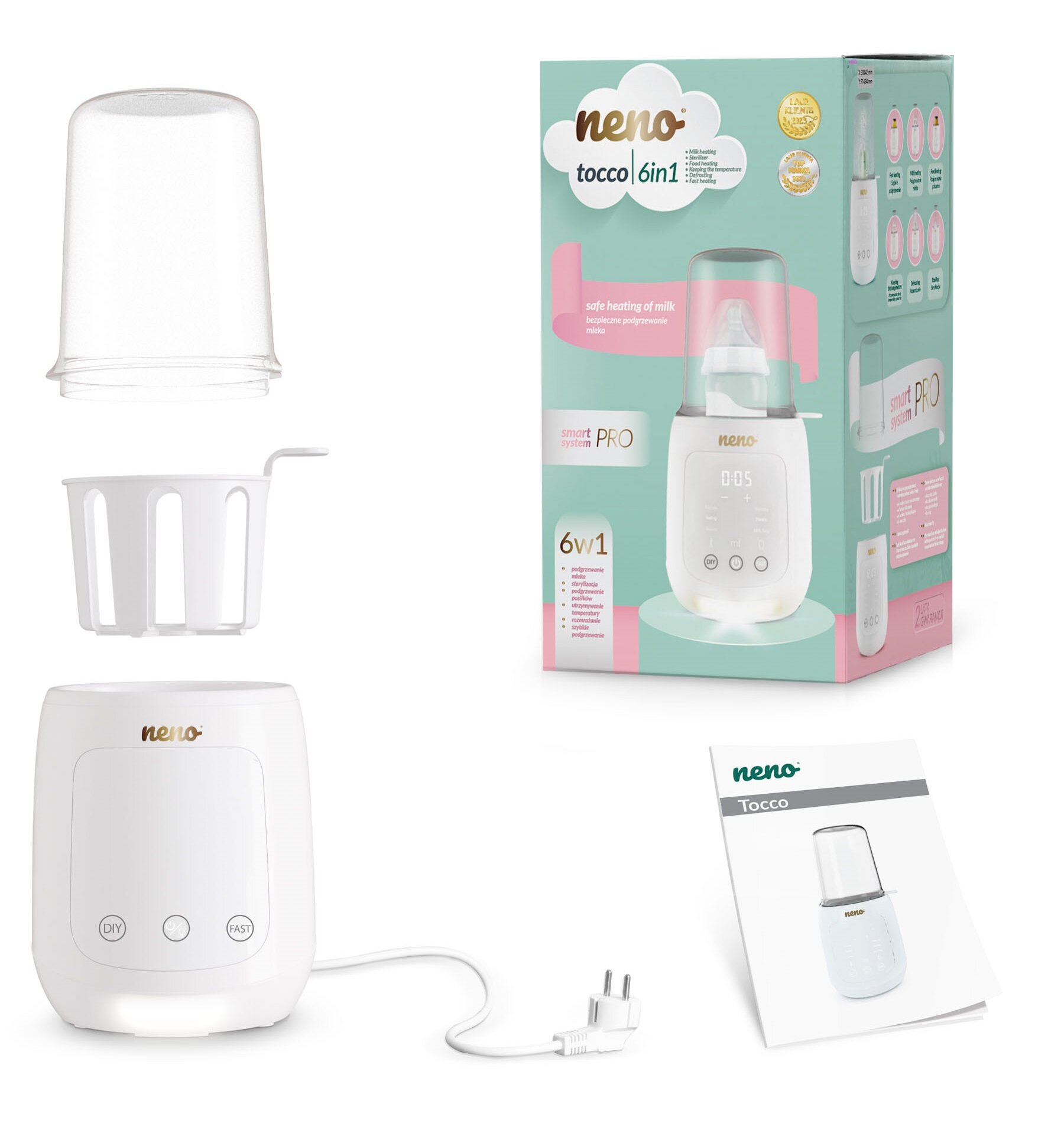 Biała podgrzewacz do butelek dla niemowląt, z akcesoriami i opakowaniem. Opakowanie zawiera nazwę produktu i jego cechy.