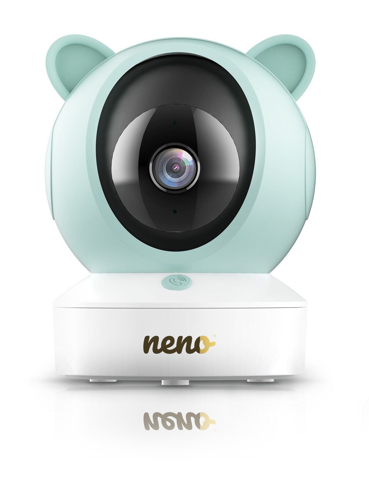 Niania elektroniczna w kształcie głowy misia. Jest jasnoniebieska, z czarnym obiektywem aparatu. Marka to 'neno' w kolorze złotym.