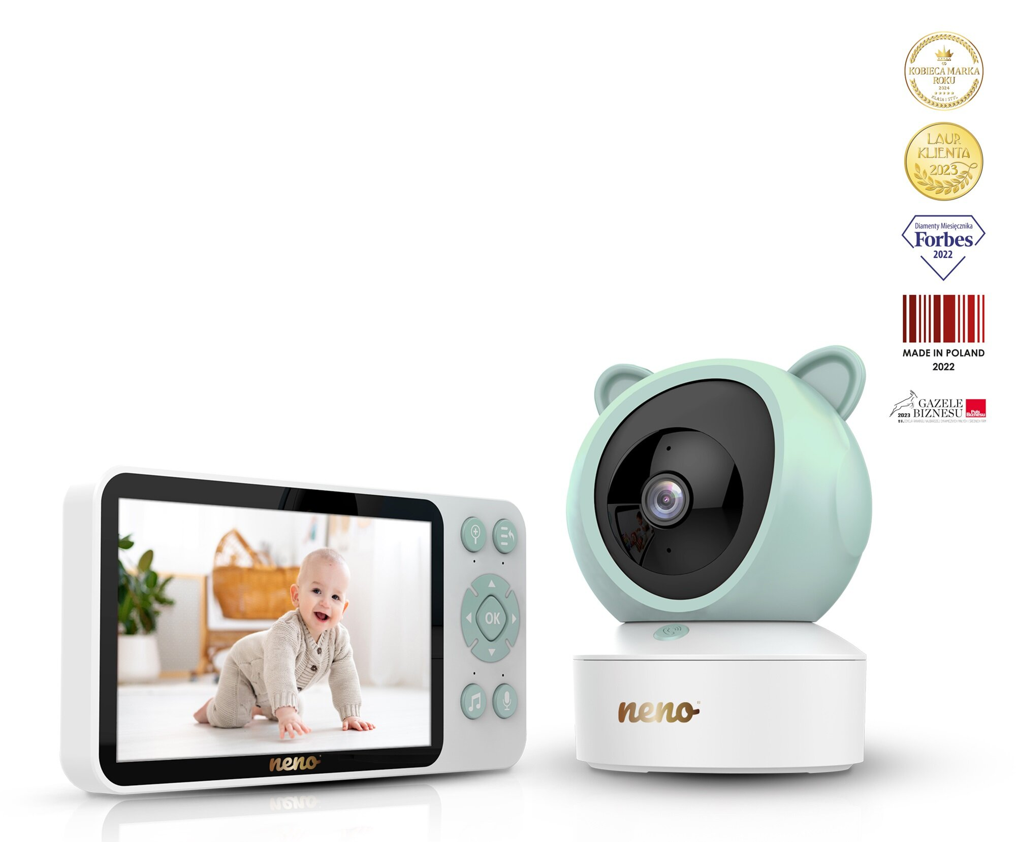 Niania elektroniczna z ekranem pokazującym raczkujące dziecko. Obok miętowa kamera z uszami.