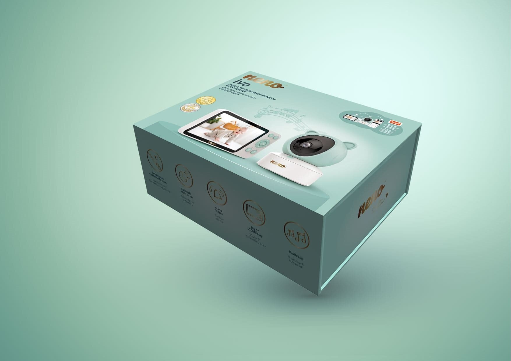 Pudełko z nianią, z monitorem, kamerą i pilotem oraz zdjęciem dziecka na ekranie.