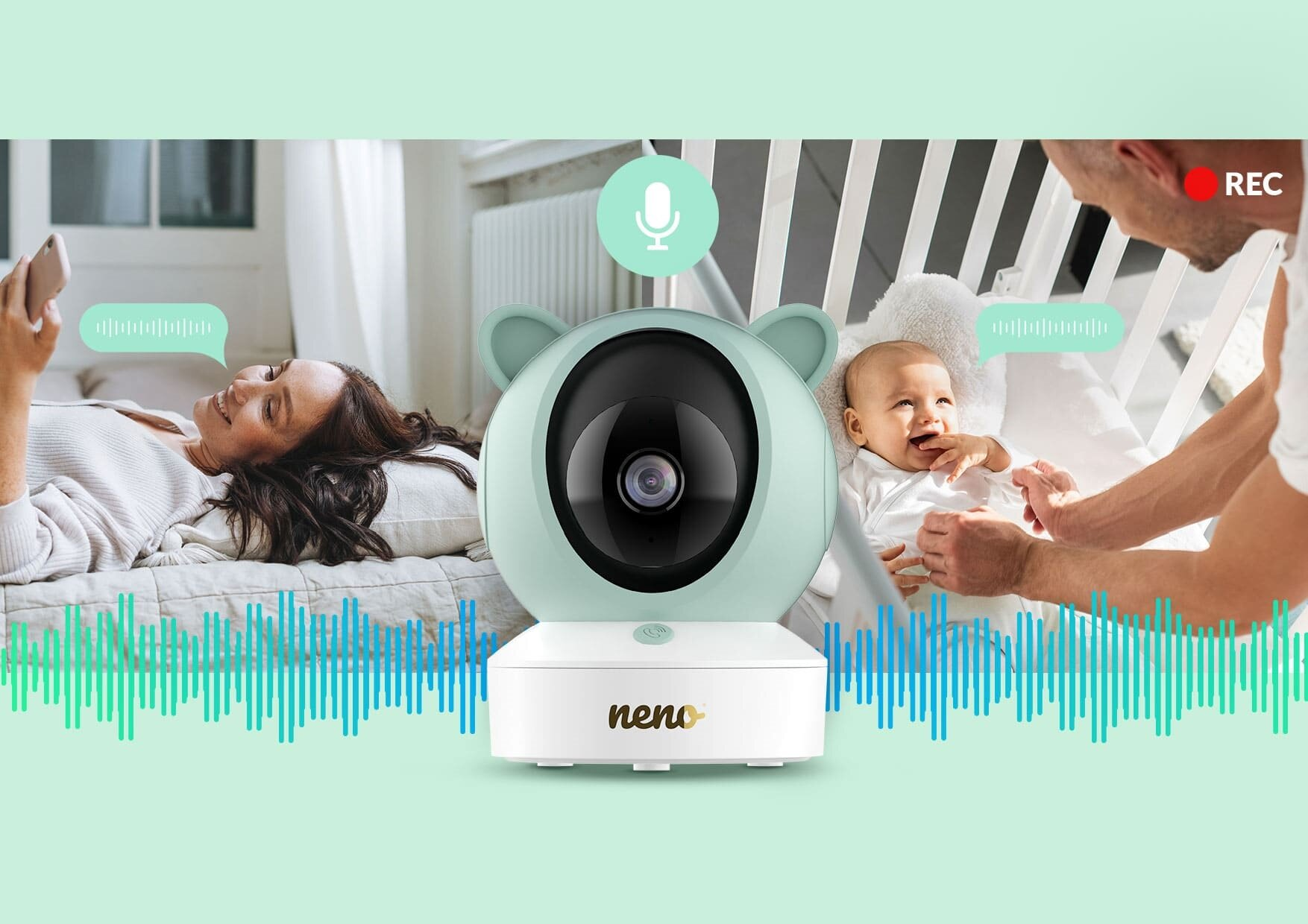 Niania elektroniczna pokazuje kobietę z telefonem, dziecko w łóżeczku i mężczyznę. Monitor ma ikonę mikrofonu.