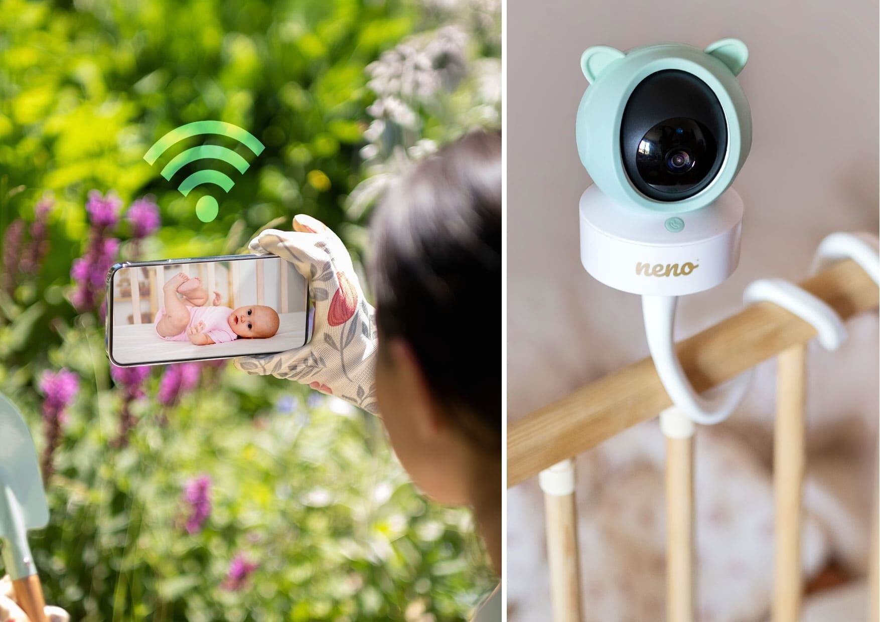 Osoba trzyma telefon z dzieckiem w kołysce. Nad nim ikona Wi-Fi. Po prawej stronie niania elektroniczna.