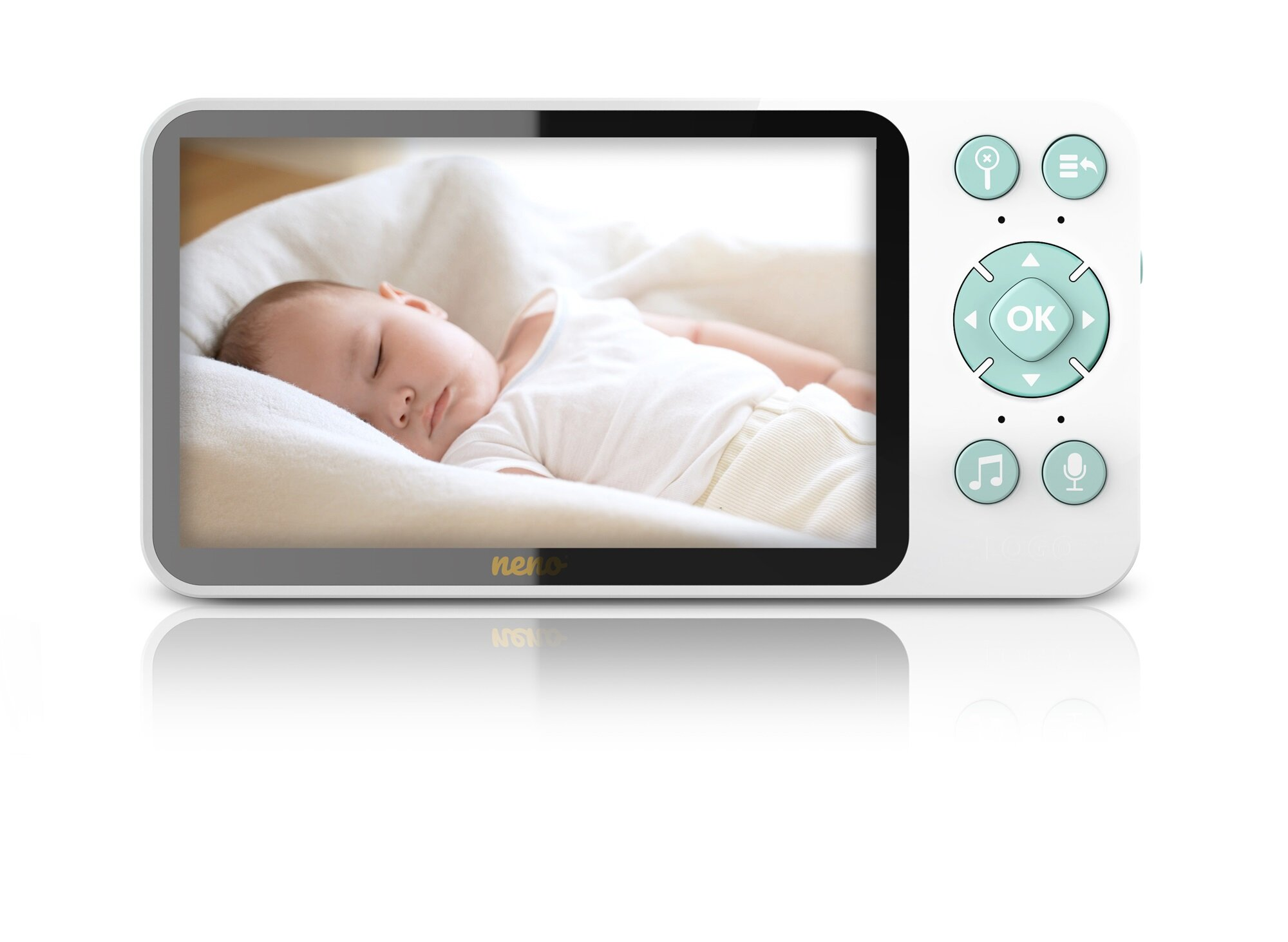 Niania elektroniczna pokazuje śpiące dziecko. Urządzenie jest białe z ekranem pokazującym dziecko. Przyciski są po prawej stronie.