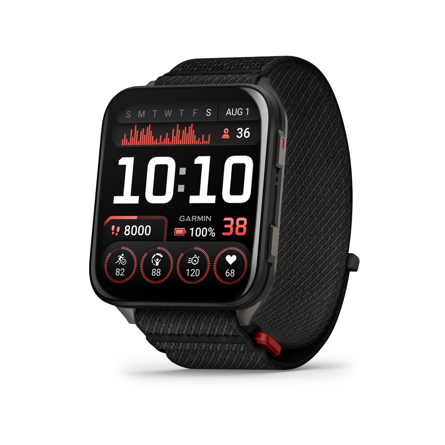 Montre connectée avec bracelet noir. Affiche l'heure, la date et les données de santé comme les pas, la fréquence cardiaque et la batterie.