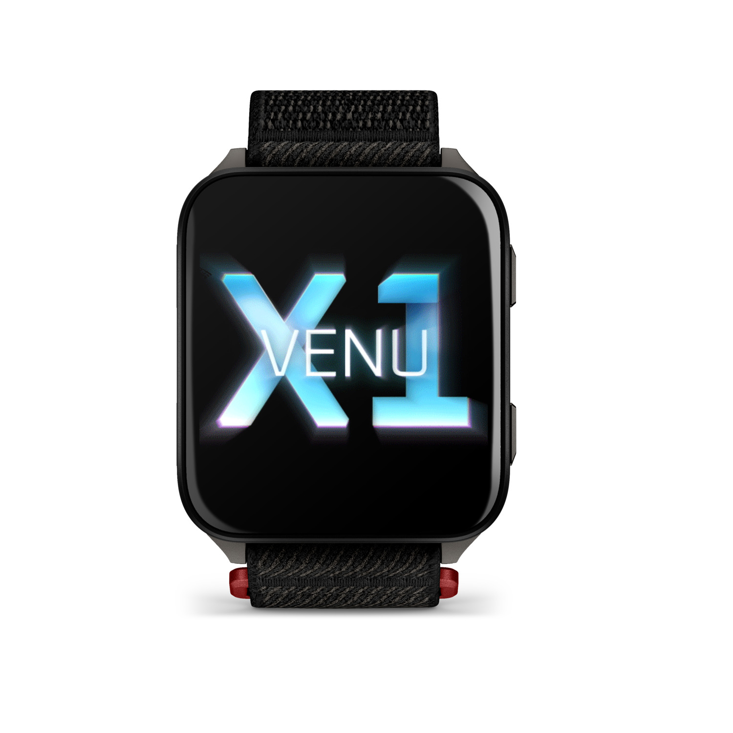 Smartwatch noire avec bracelet noir. L'écran affiche 'X1 VENU' en lettres bleu-blanc brillant. Fond blanc.
