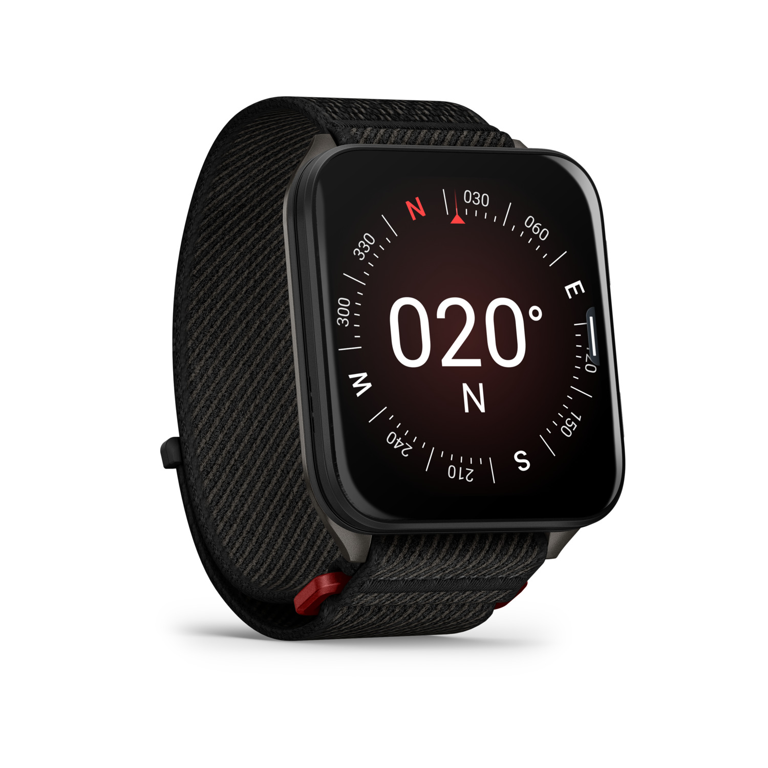 La montre intelligente noire affiche 020°N. Bracelet noir avec détails rouges. Fond blanc.