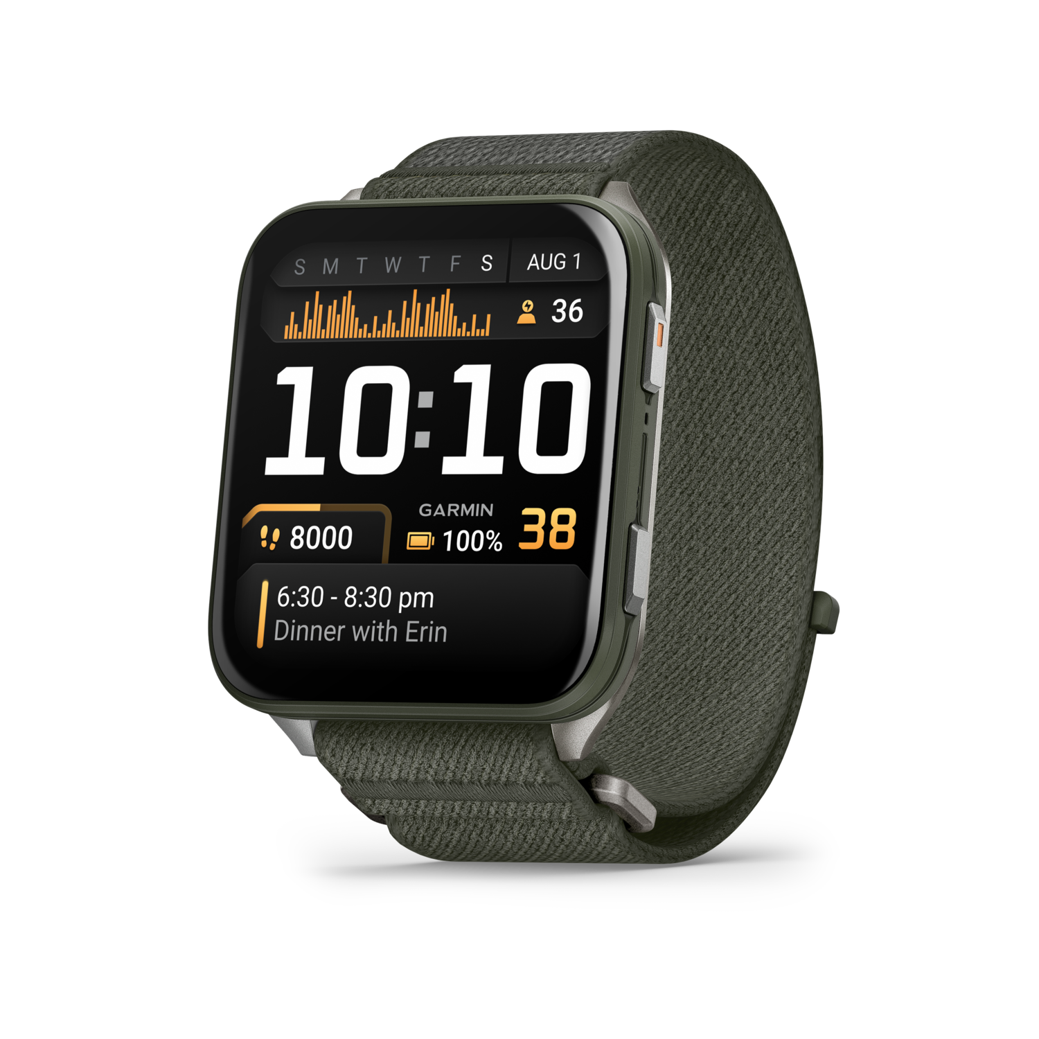 Smartwatch toont 10:10, 1 aug, 8000 stappen, batterij 100%, hartslag 38 en diner met Erin.