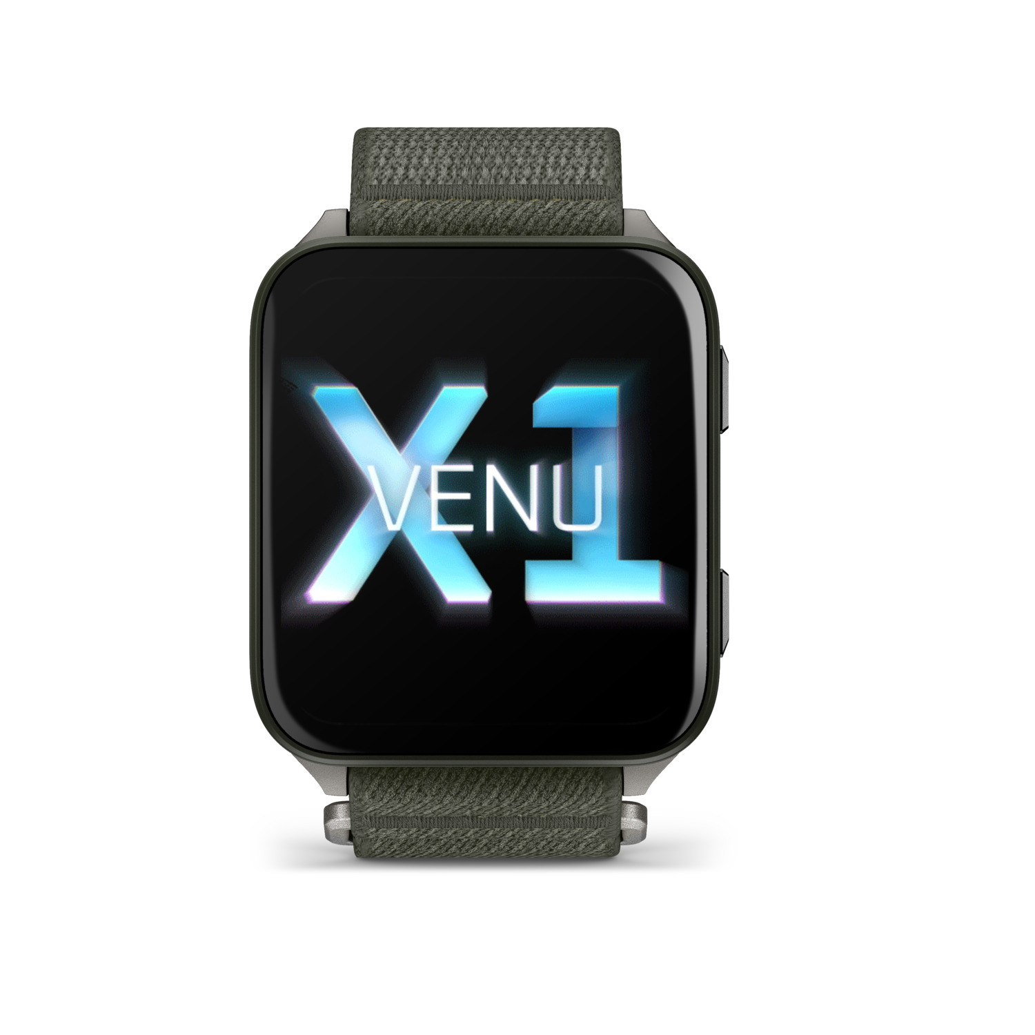 Een smartwatch met een zwart scherm met "X1 VENU". Het horloge heeft een groene stoffen band en een zwarte kast.