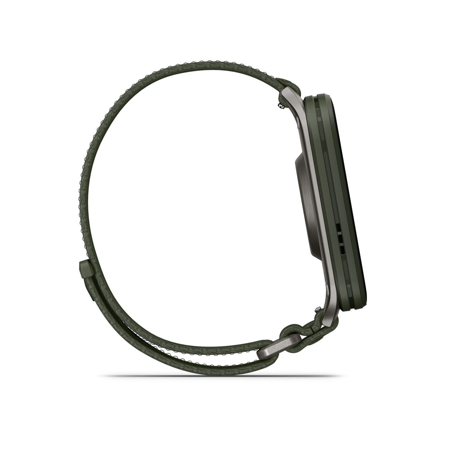 Zijaanzicht van een groene smartwatch met bijpassende band op een witte achtergrond.