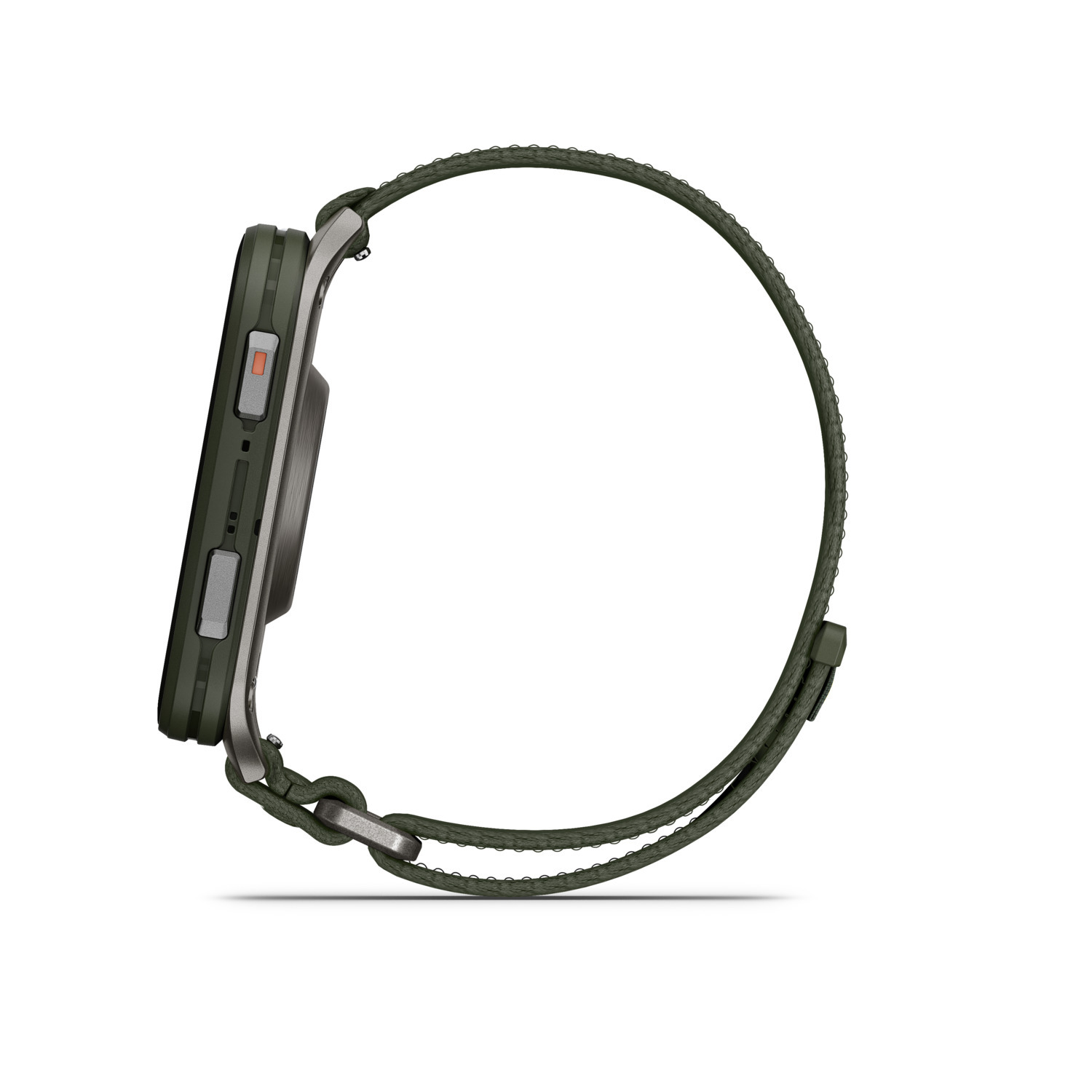 Zijaanzicht van een groene smartwatch met een groene band. Het staat op een witte achtergrond.