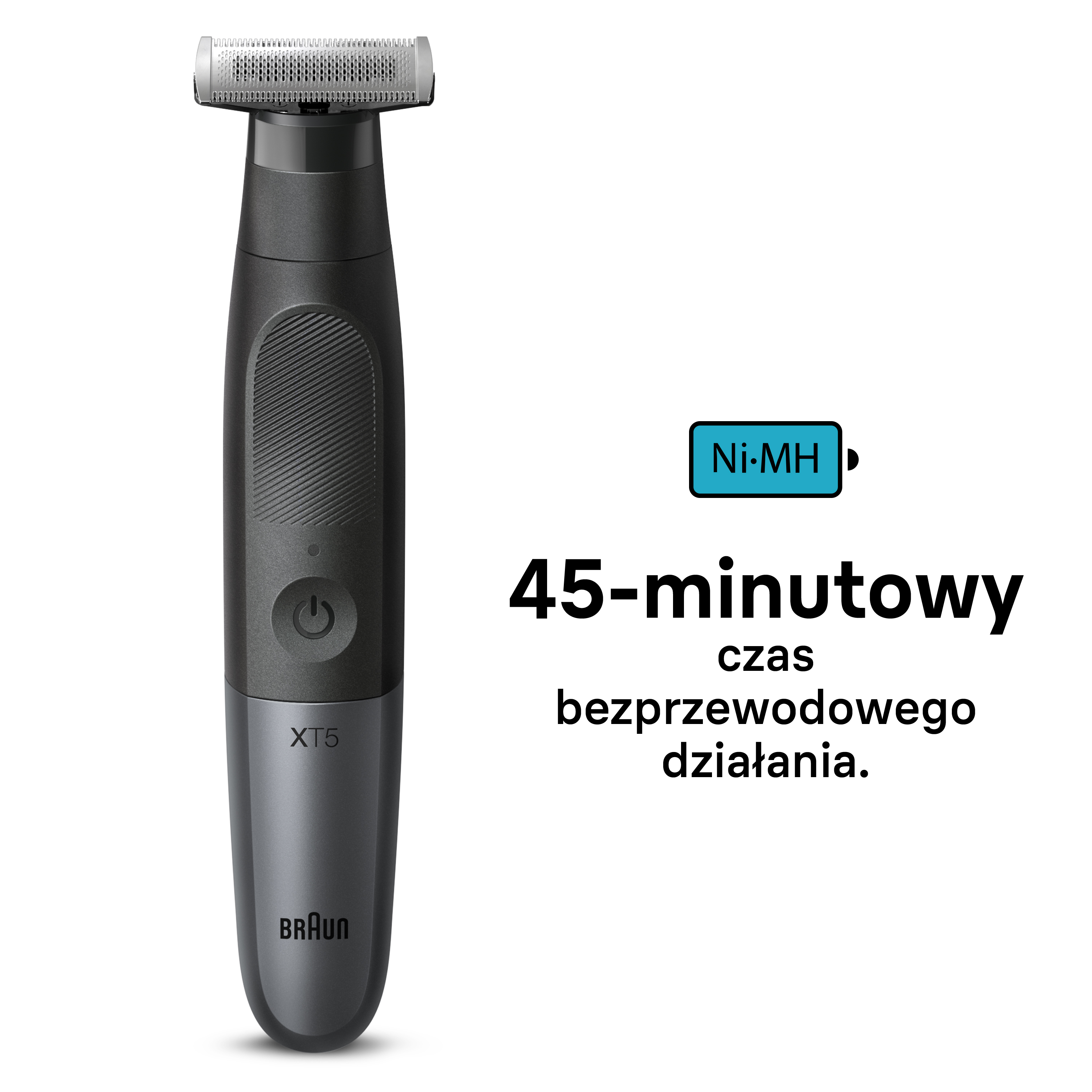 Czarna golarka Braun XT5. Tekst wskazuje 45 minut bezprzewodowego użytkowania. Bateria Ni-MH w niebieskim polu.