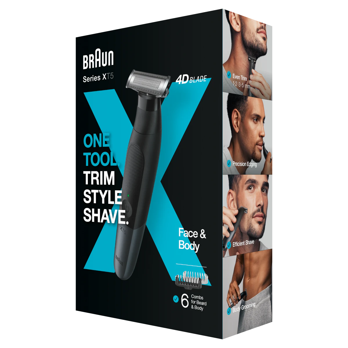 Golarka elektryczna Braun Series XT5. Funkcje: przycinanie, stylizacja i golenie twarzy i ciała z 6 grzebieniami.