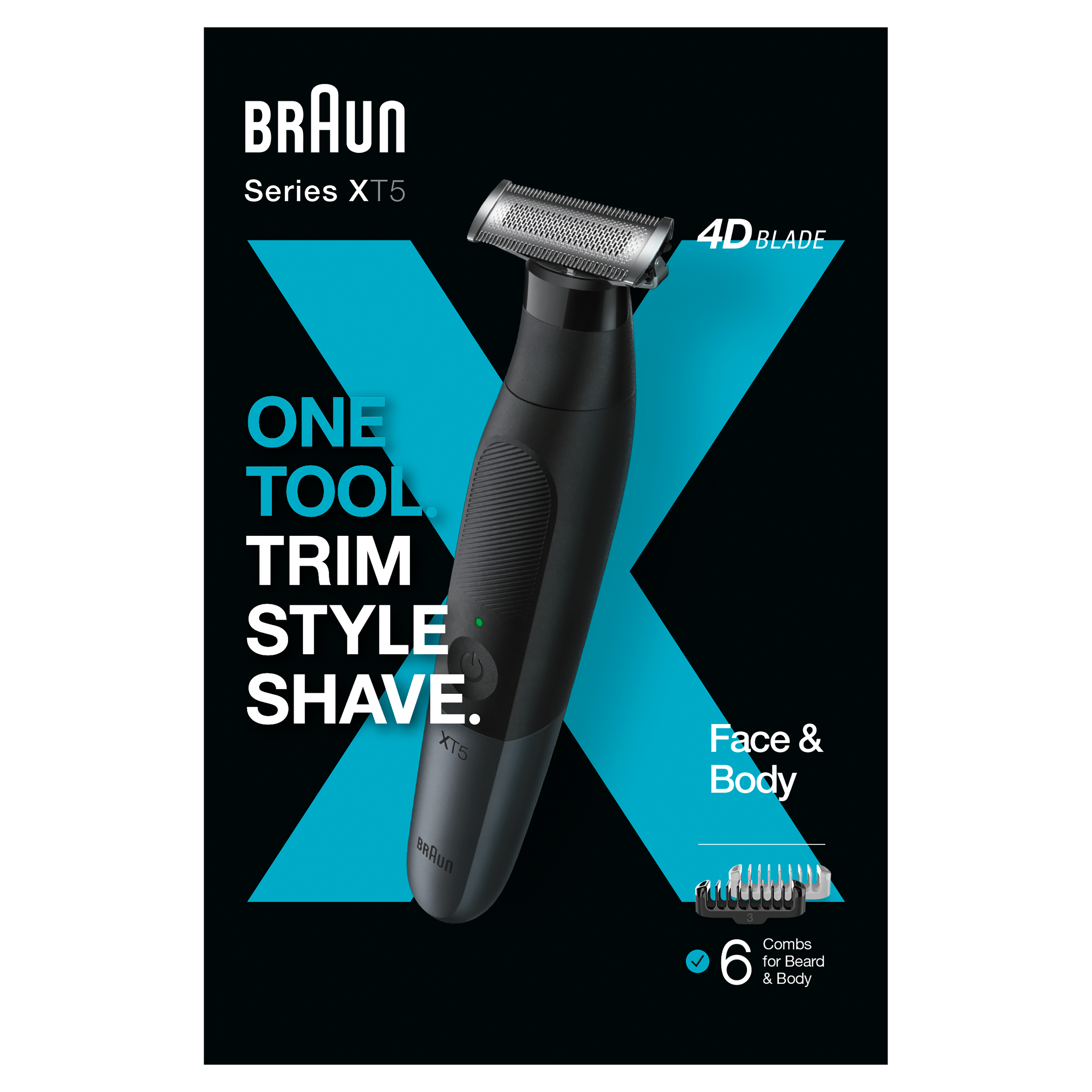 Czarna golarka Braun XT5 ze srebrnym ostrzem, z tekstem promującym przycinanie, stylizację i golenie.