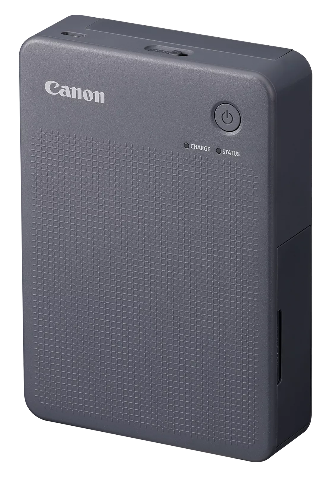Szara drukarka Canon. Ma przycisk zasilania, wskaźniki ładowania i stanu. Powierzchnia ma teksturę kratki.