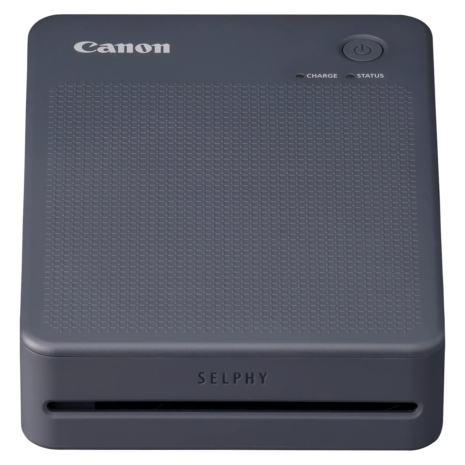 Szara drukarka Canon Selphy. Prostokątna, z przyciskiem zasilania i diodami statusu.